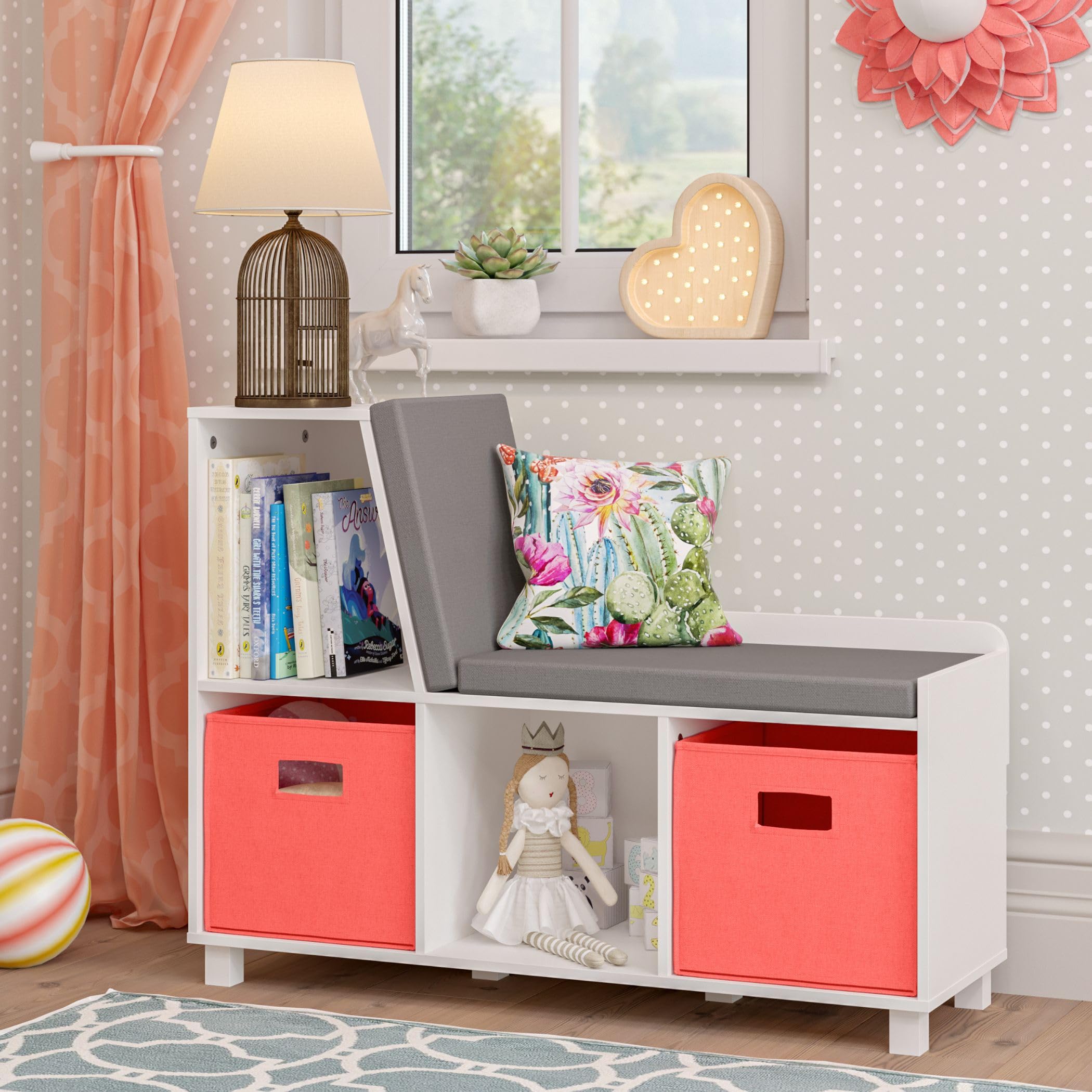 RiverRidge Kids Book Nook Storage Bench with Comfy Cushion and White Cubby Organizer - Perfect for Reading Corners, Toy Storage & Playroom Organization - Ideal for Bedrooms, Playrooms & Homeschooling Spaces