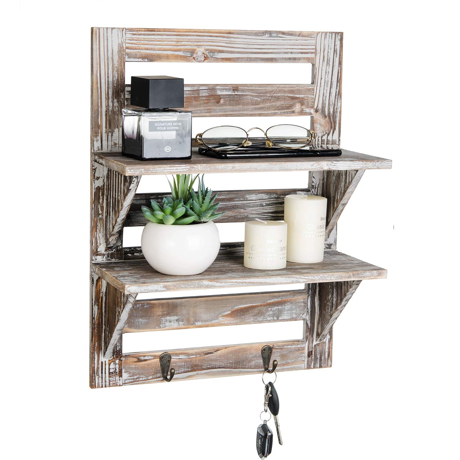 Rustic Wooden Wall Shelf with Iron Hooks - 2-Tier Farmhouse Storage Rack | Distressed Brown Torched Wood Display Organizer | Perfect for Home, Office, Kitchen & Living Room Decor