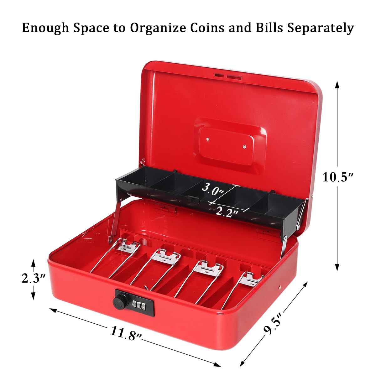 Jssmst Large Cash Box with Money Tray & Combination Lock - 11.8
