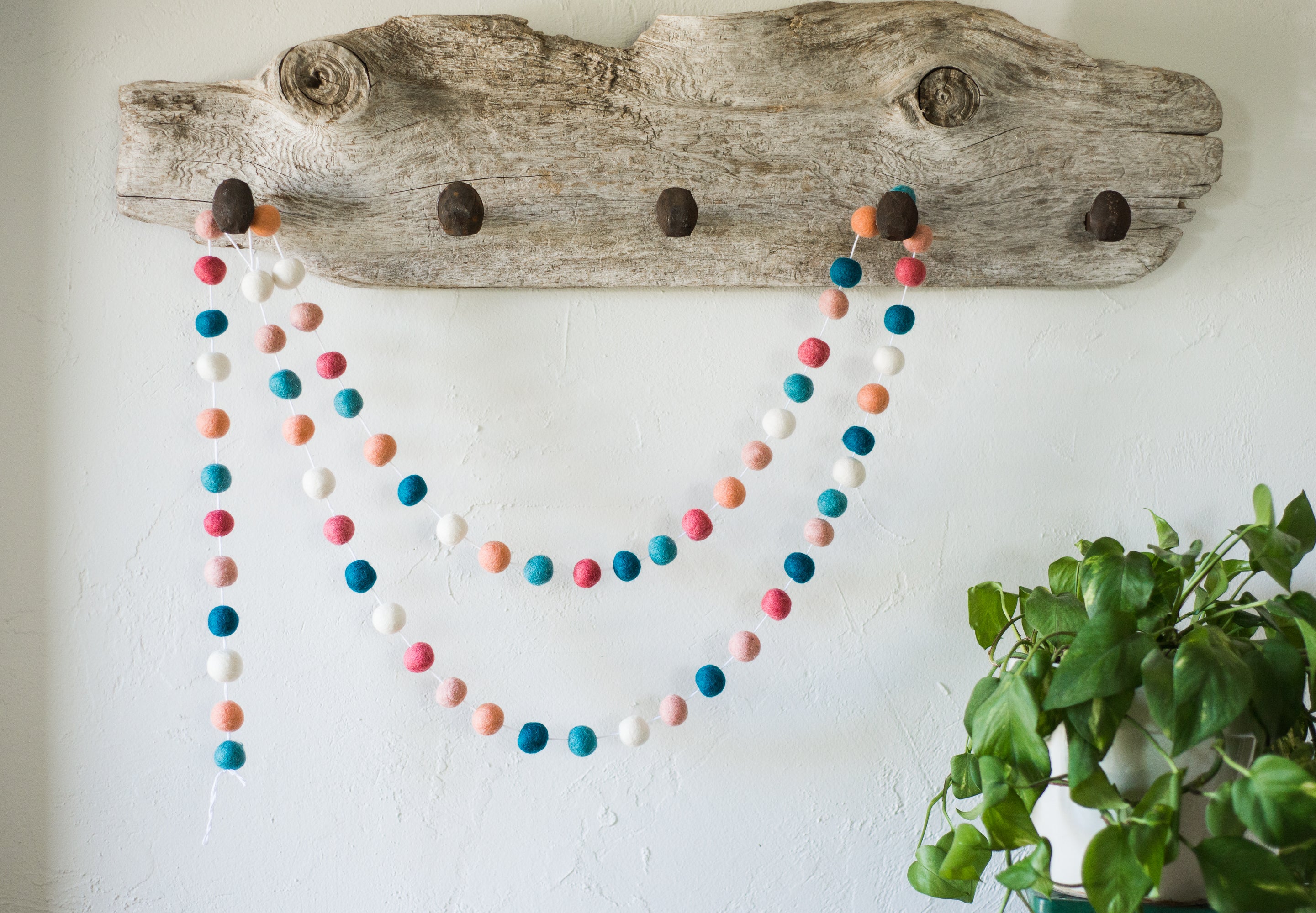 Dark Coral & Blue Felt Ball Garland - Handmade Decorative String for Nursery, Wedding, Party & Home Decor
