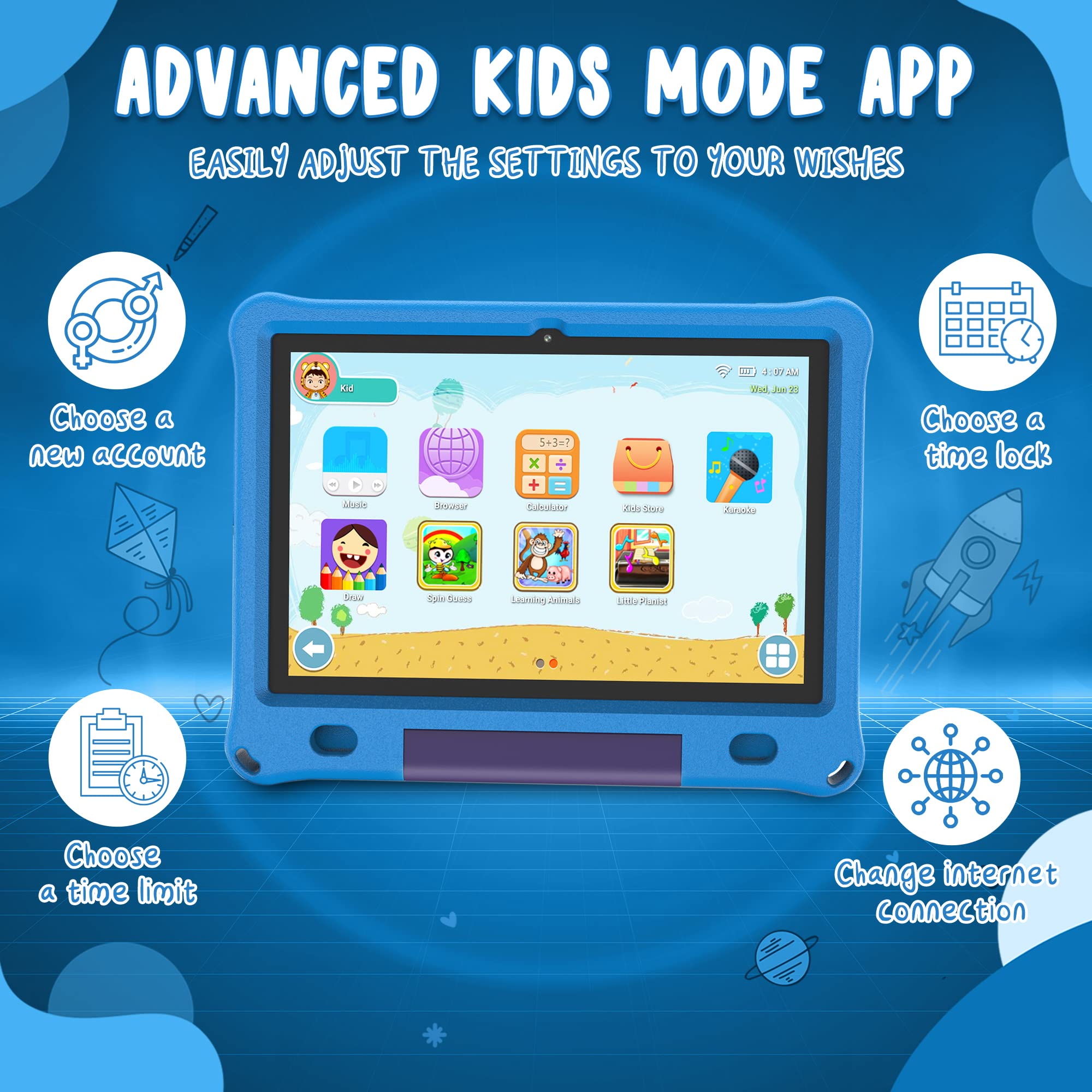 CosmoToys Kids Tablet with Parental Control - 7 Inch Android 12 Tablet for Children | Includes Car Storage Cover & Tablet Holder | 6000mAh Battery | Blue | Perfect for Travel, Learning & Entertainment