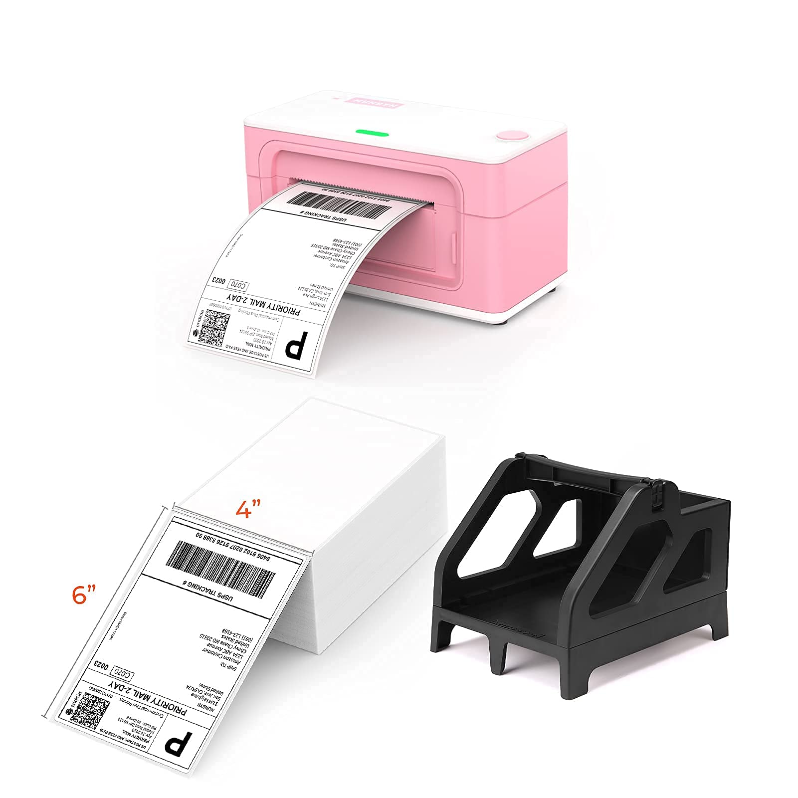 MUNBYN USB Pink Label Printer - 2 in 1 Label Holder & Shipping Label Maker with 500 Sheets 4x6 Fan-Fold Labels for Ecommerce, Retail & Small Business Packaging
