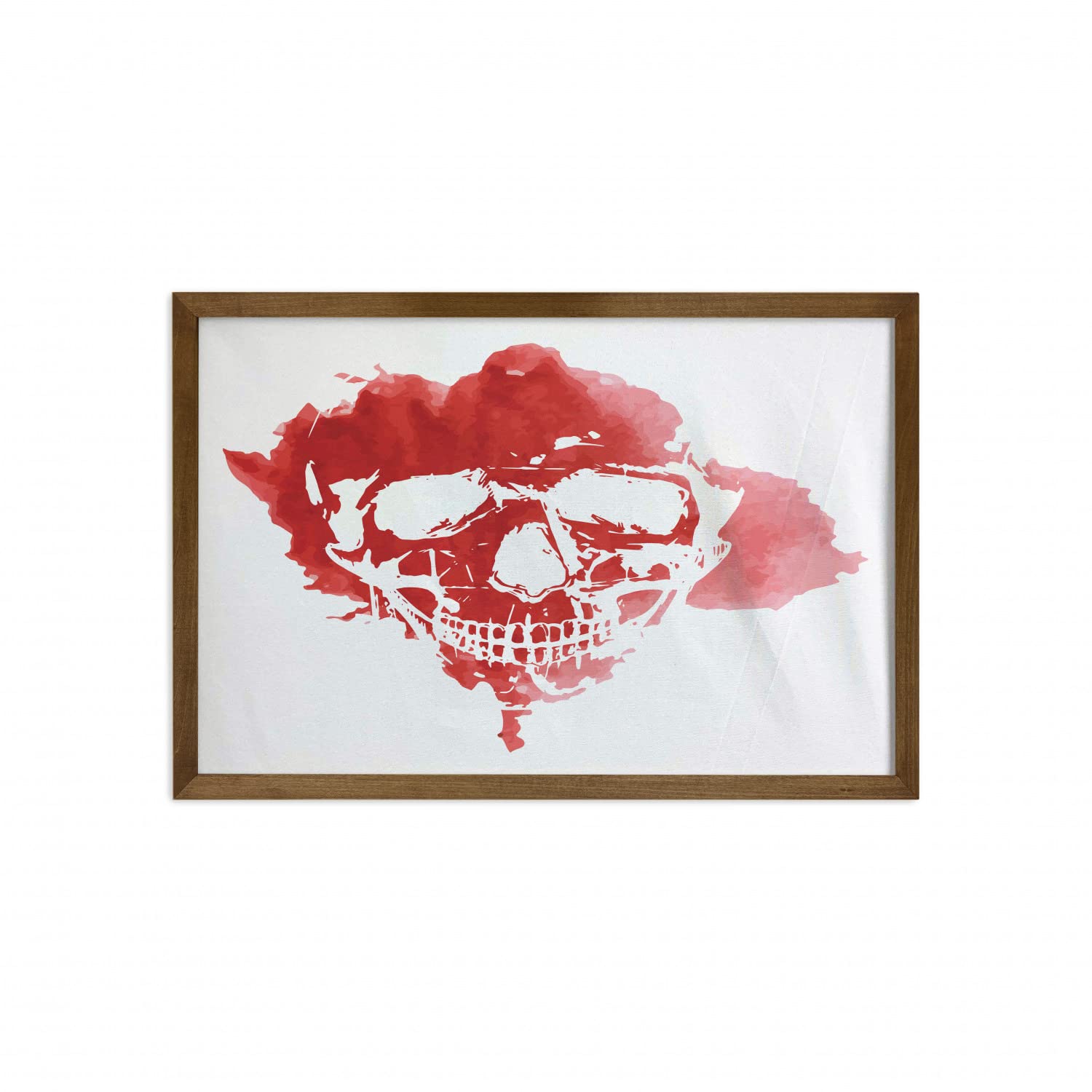 Ambesonne Gothic Horror House Wall Art - Watercolor Skull & Skeleton Painting with Teak Wood Frame, 35