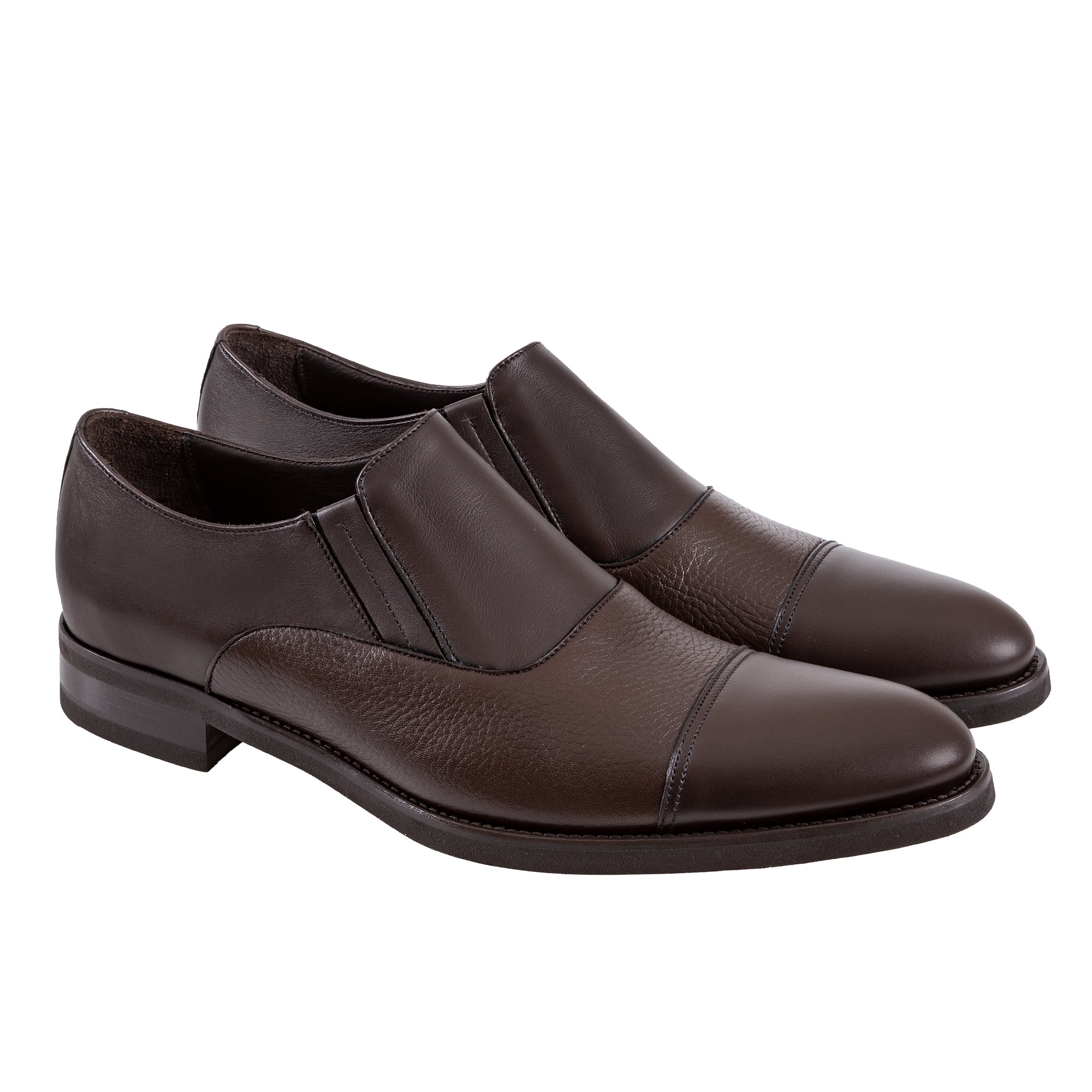 HENRY SARTORIAL Classic Elastic Slip-On Loafers for Men - Genuine Leather Toe Cap Dress Shoes in Dark Brown | Comfortable Business Casual & Office Wear