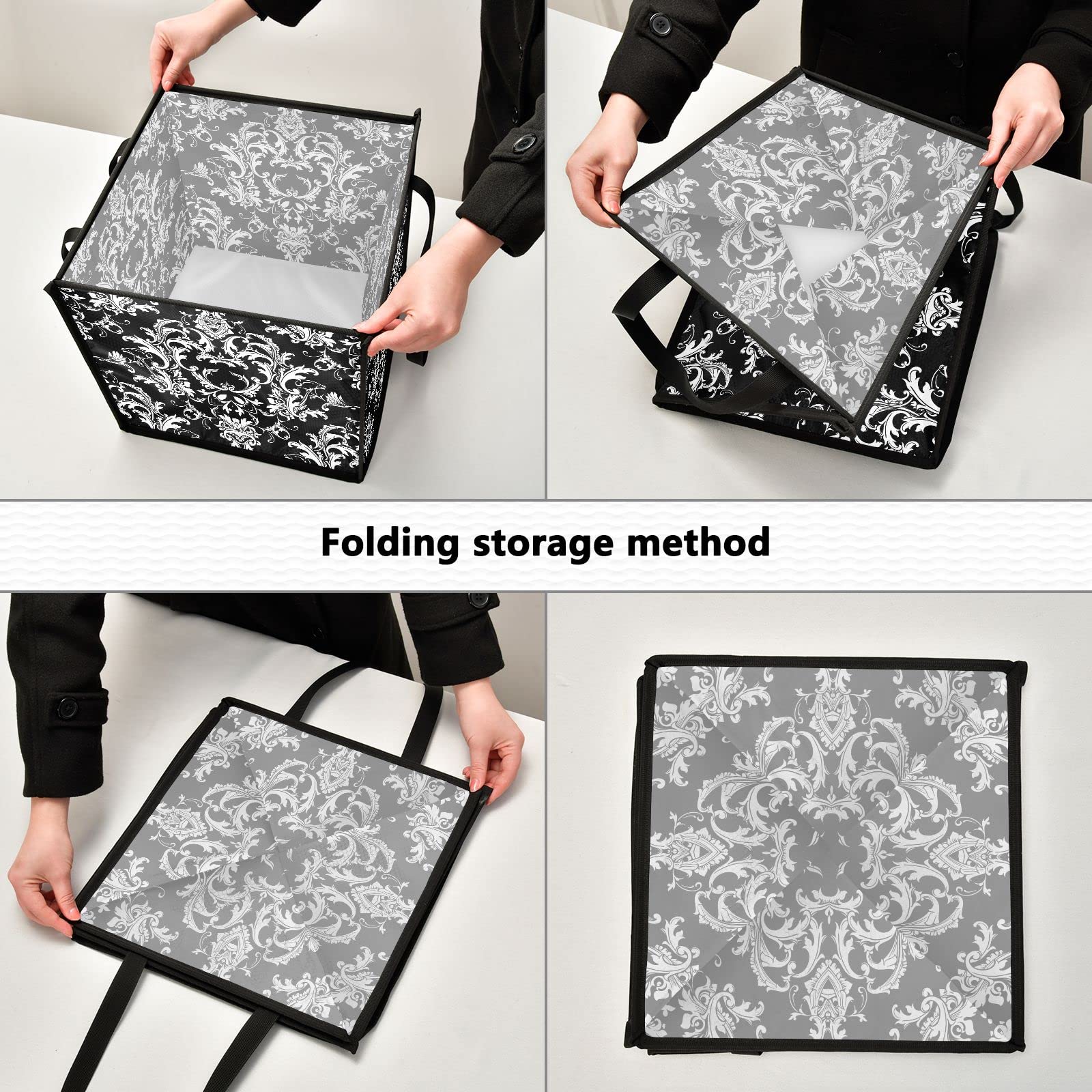 Baroque Damask Seamless Black Square Collapsible Storage Bins - 13x13x13 Inch Foldable Fabric Toy Organizer with Handles for Nursery, Shelves & Closet - Perfect for Kids' Room Organization, Home Decor and Gift Storage