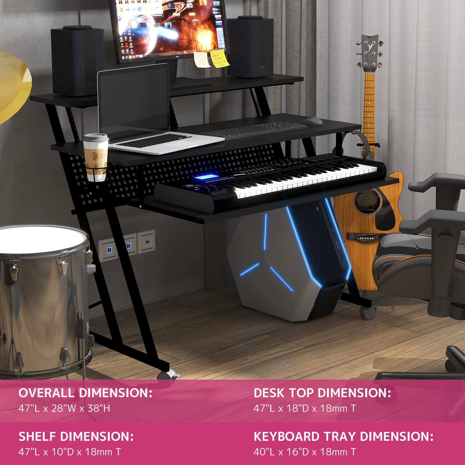 Acme Suitor Black Wooden Music Recording Studio Desk with Keyboard Tray - Perfect for Home Studios & Professional Music Production