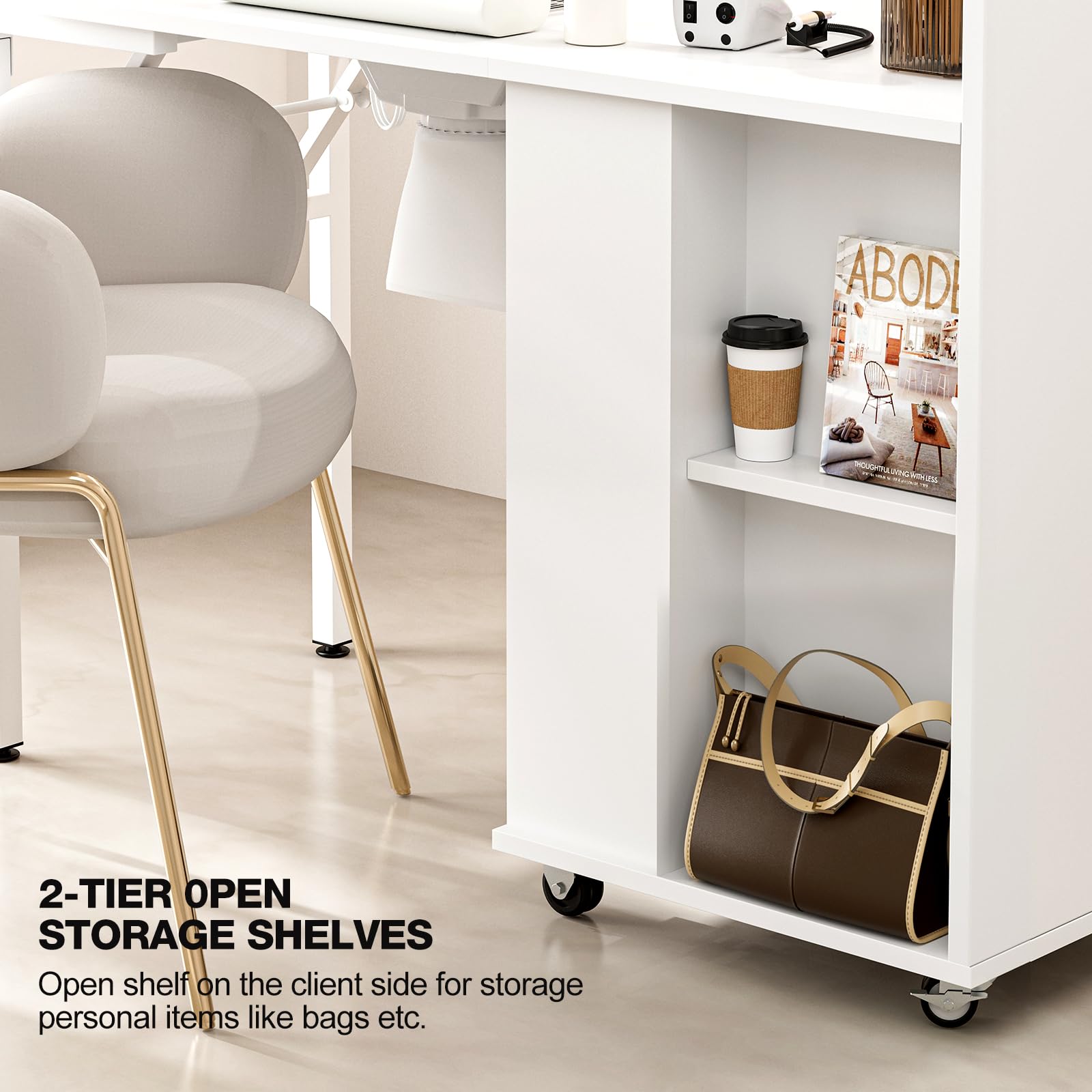 Foldable Nail Desk Manicure Table - Portable Nail Tech Station with Dust Collector, 2 Open Shelves & 2 Drawers, Wrist Cushion & Lockable Wheels - Perfect for Home Salon, Professional Nail Artists & Mobile Nail Technicians (White)