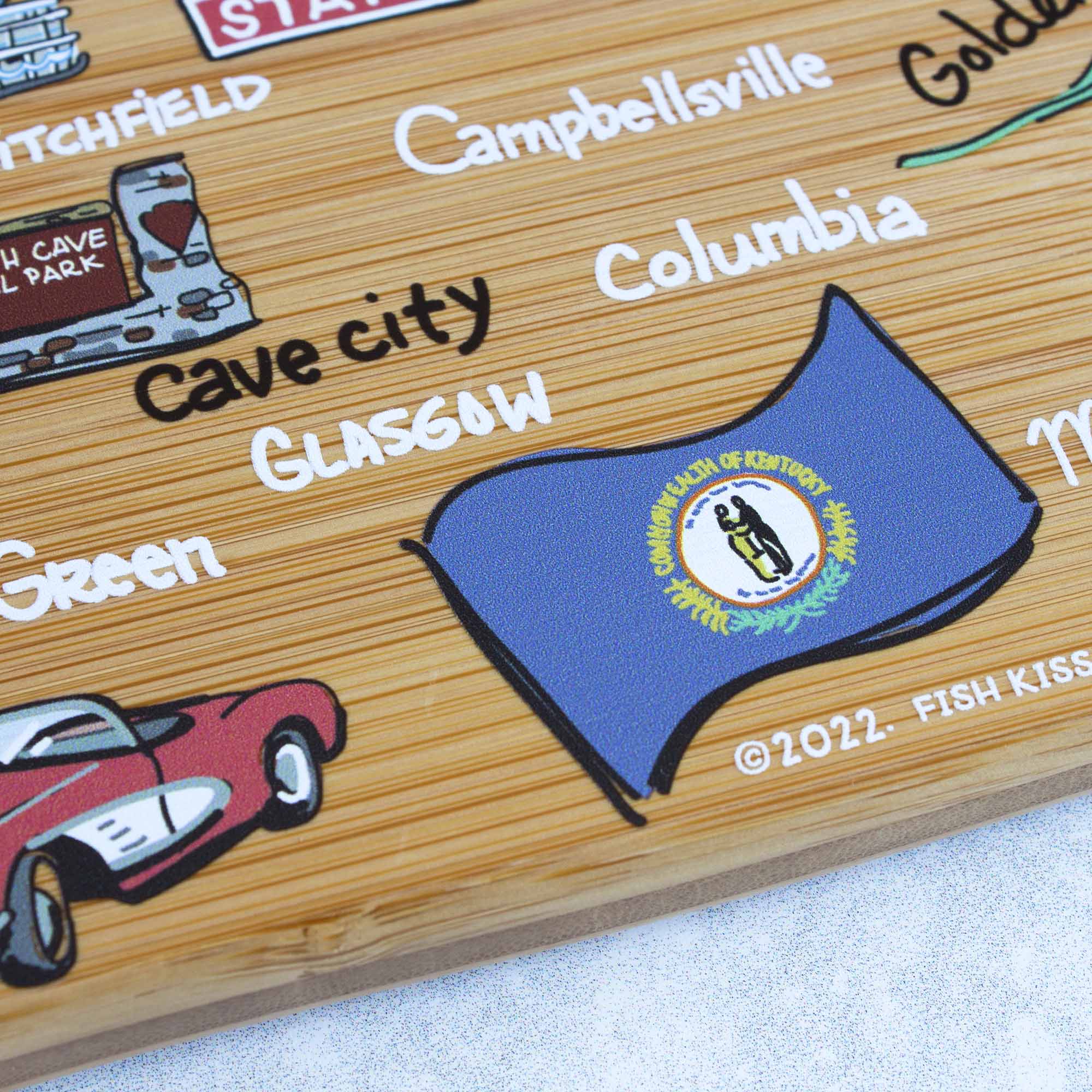 Premium Kentucky Wooden Cutting Board with Fish Kiss™ Artwork – Durable Kitchen Essential for Chopping, Serving & Decor