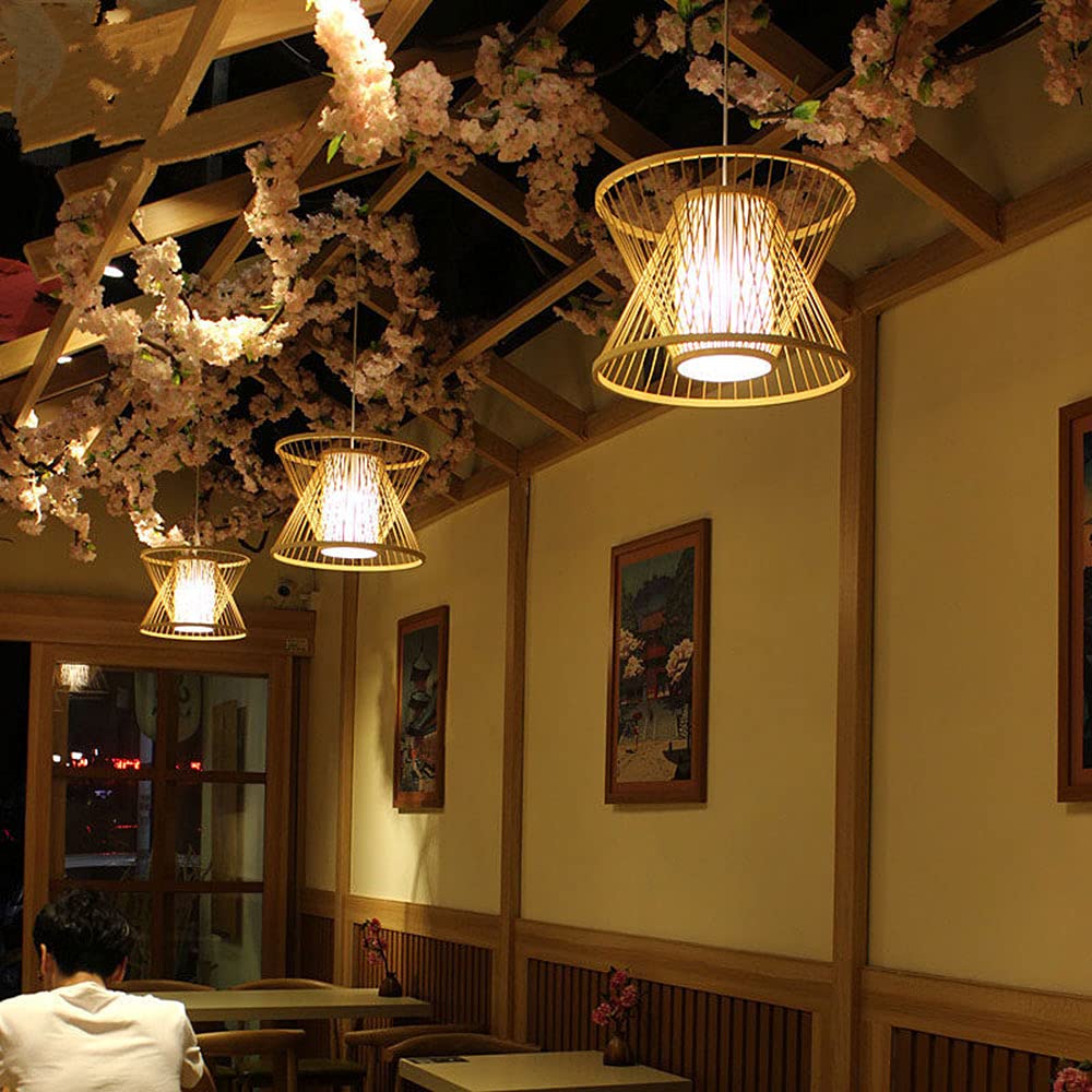Modern Bamboo LED Pendant Light - Chinese Style Lantern Chandelier for Kitchen Island, Dining Room & Living Room | Semi-Recessed Ceiling Hanging Lamp | Perfect for Farmhouse, Restaurant & Home Decor | Energy-Efficient Lighting Solution