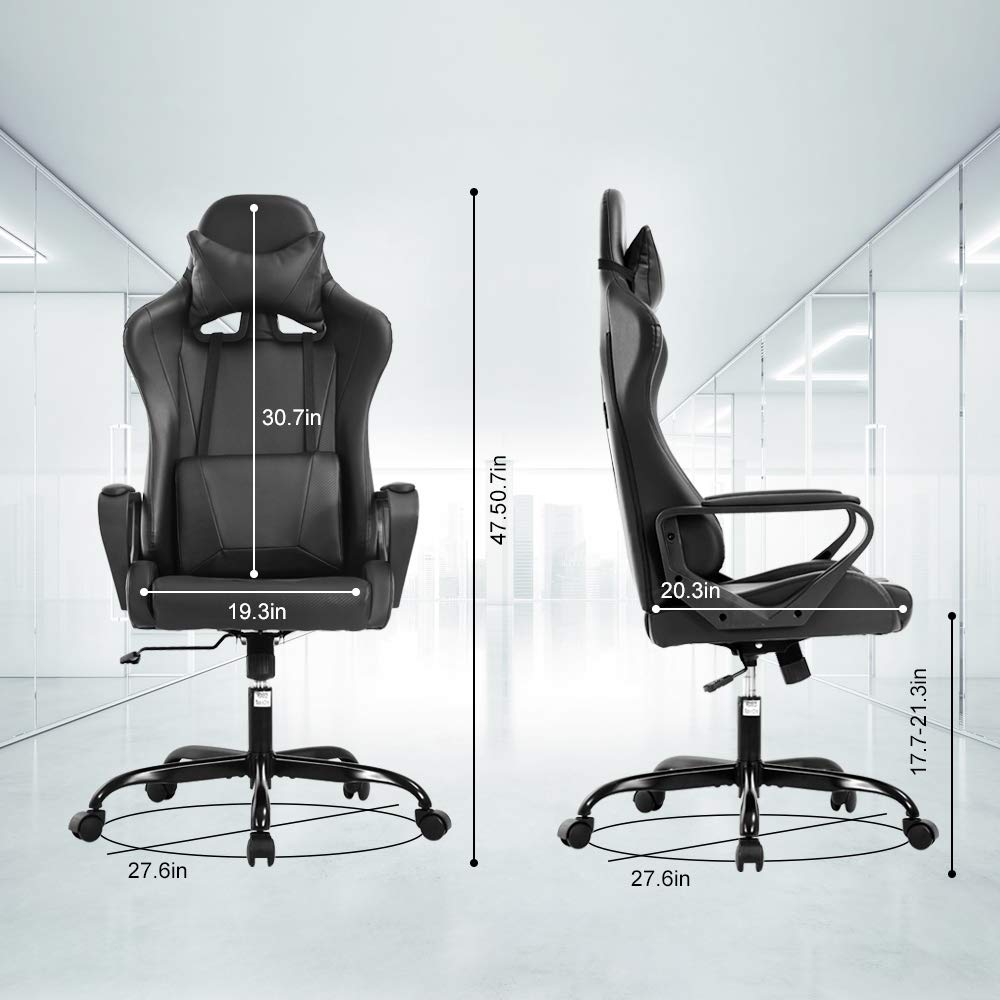 Racing Style Gaming Chair - Ergonomic High Back Office Chair with Adjustable Headrest & Lumbar Support, Swivel Computer Desk Chair for Gaming, Work & Home Use - Black