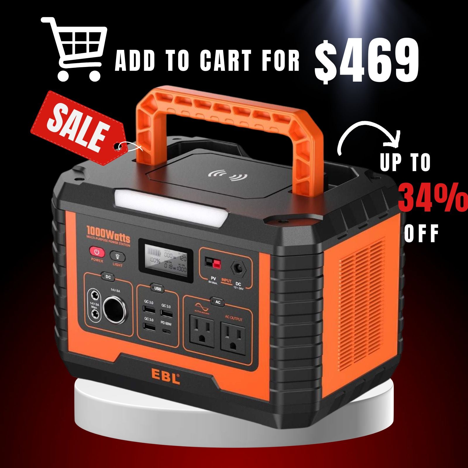 EBL Voyager 1000 Portable Power Station - 1000W Solar Generator for Camping, Home Backup & Outdoor Adventures - Fast Charging with 110V AC Outlets & USB Ports
