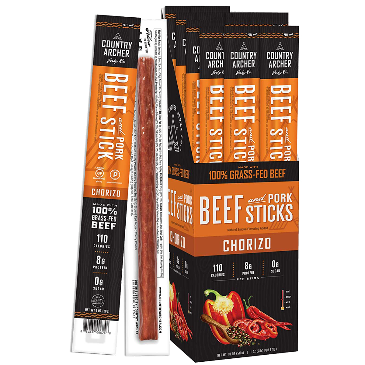 Country Archer Grass-Fed Beef Jerky Sticks, 1 oz - High Protein Snack for Hiking, Camping & On-the-Go Nutrition | Keto & Paleo Friendly