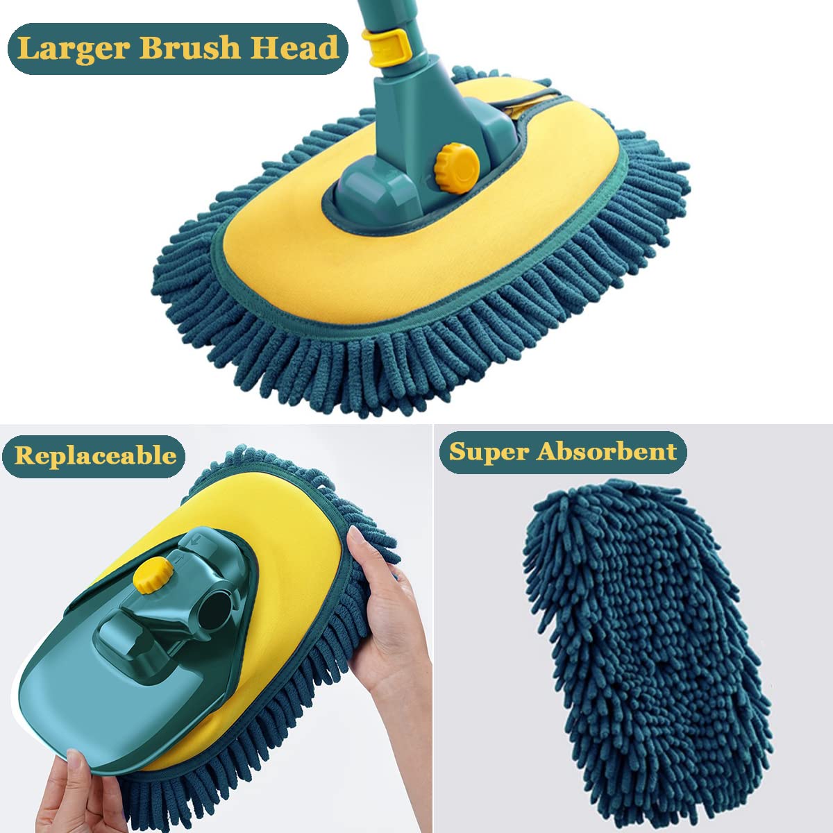 Long Handle Car Wash Brush with Microfiber Mitt, 1 Replacement Head & Extension Pole - Complete Car Cleaning Kit for Cars, Trucks, SUVs, and RVs - Ideal for Home and Professional Use