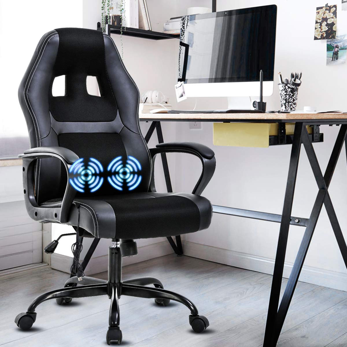 Ergonomic High Back Office Gaming Chair with Lumbar Support & Massage - PU Leather Executive Desk Chair with Adjustable Armrests & Swivel Base for Home Office, PC Gaming, and Workstation Use - Black