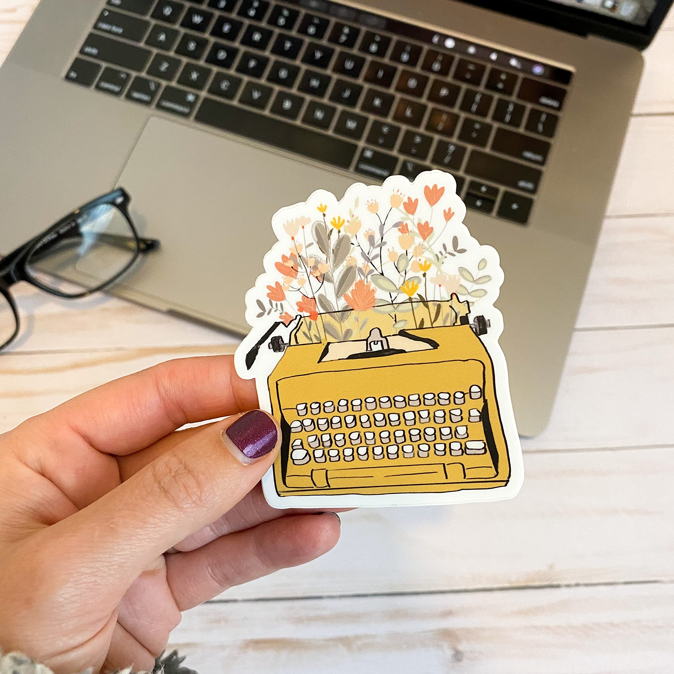 Waterproof Vinyl Stickers & Decals - Cute Typewriter and Flowers Design for Hydro Flask, Laptop, Notebook | Perfect for DIY Crafts, School Supplies, and Personalizing Your Belongings