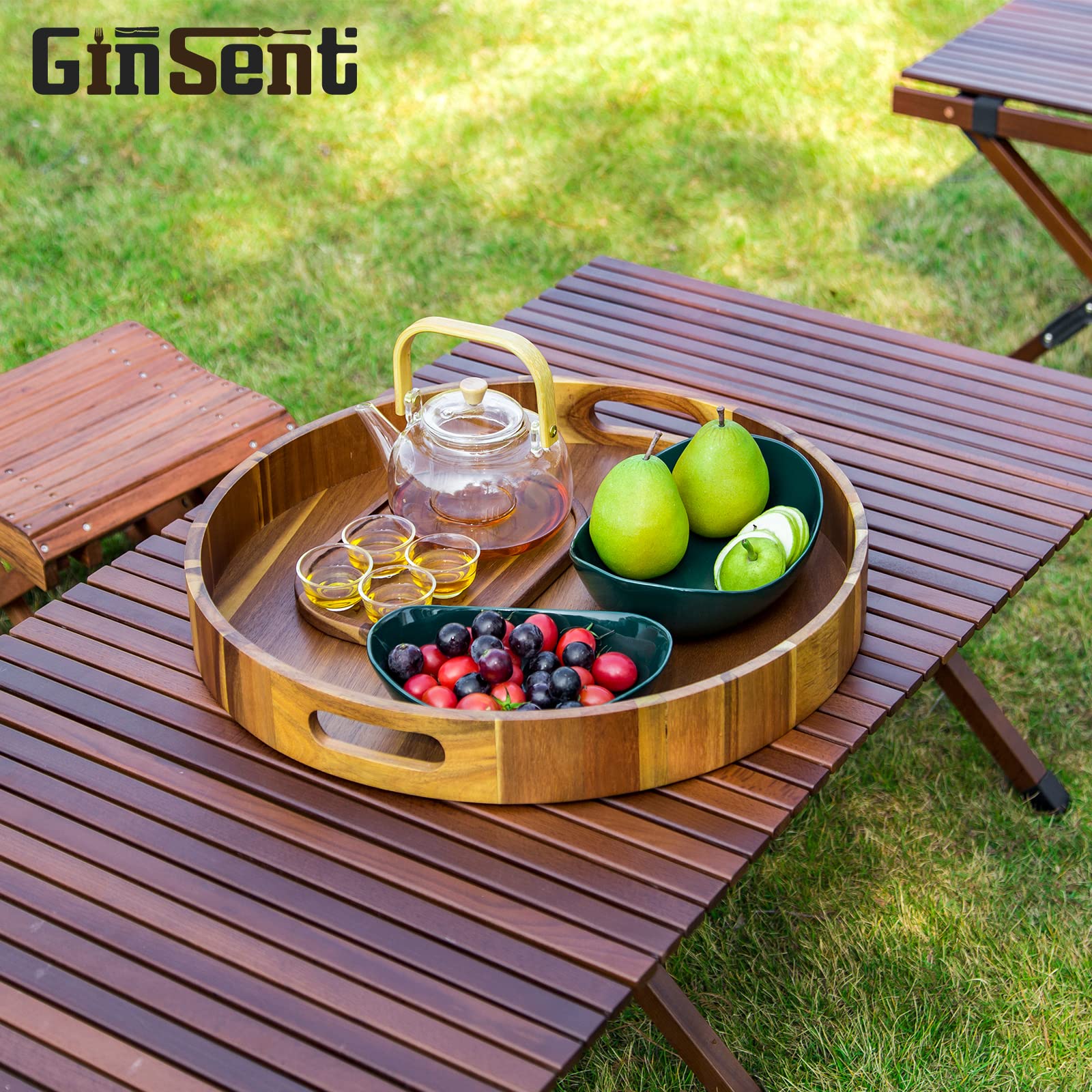 Round Wooden Serving Tray with Handles - 20