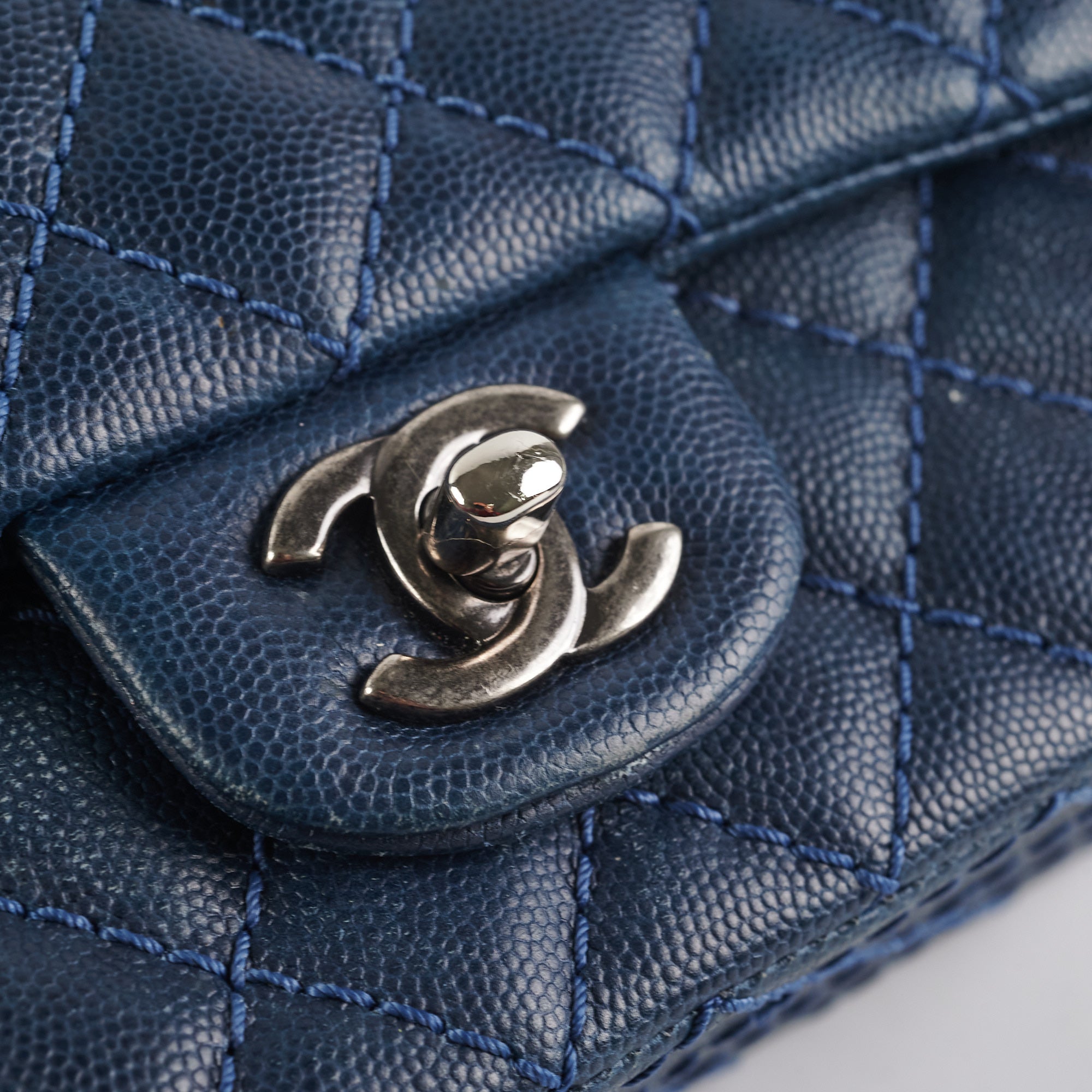 Chanel Mini Rectangular Flap Bag in Blue Caviar Leather - Perfect for Evening Out & Special Occasions
