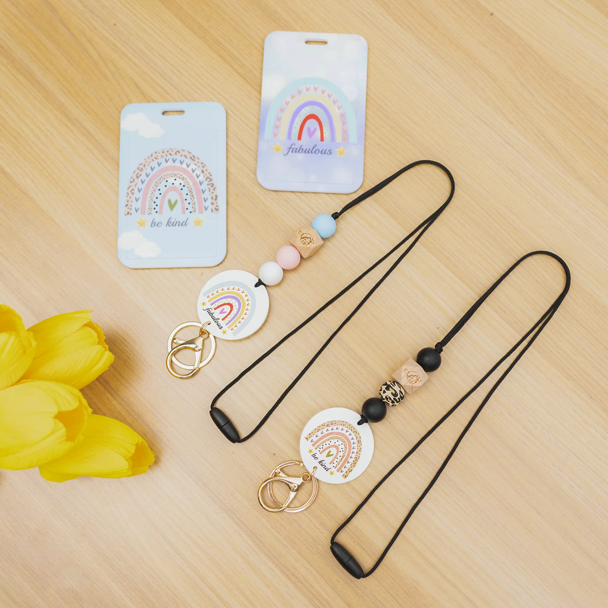 2PCS Rainbow Beaded Lanyards for ID Badges & Keys - Boho Teacher & Office Fashion Accessory