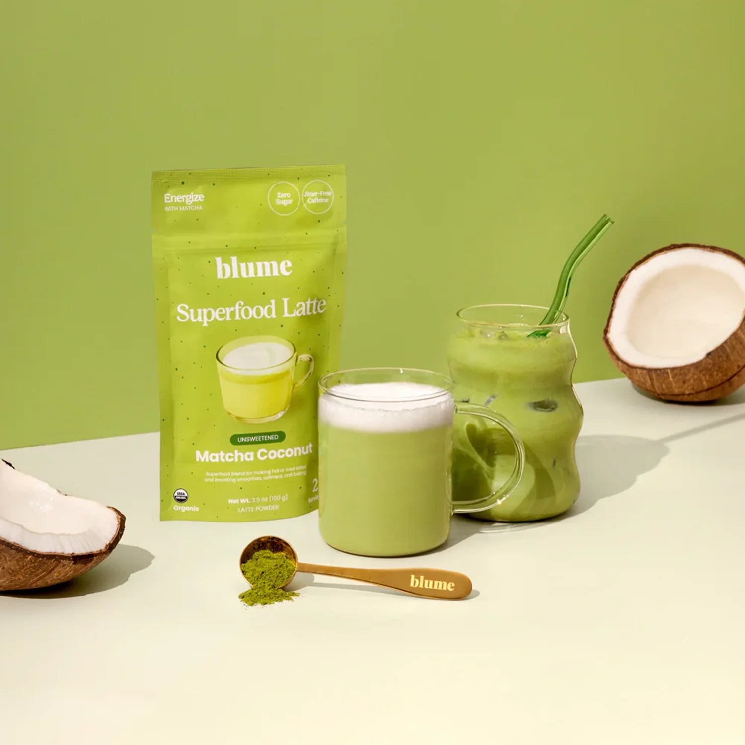 Blume Matcha Coconut Superfood Latte Mix Powder - 100g Organic Vegan Gluten-Free Energy Drink for Breakfast, Workout & Wellness Boost