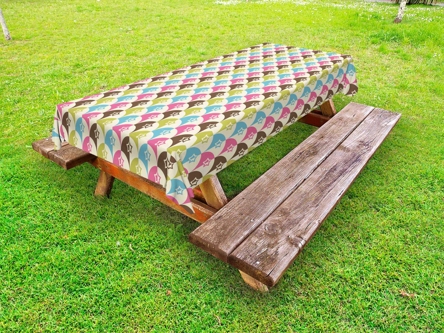 Ambesonne Mid Century Outdoor Tablecloth - Colorful Scales & Stars Retro Design, Washable Picnic Table Cover 58x104 Inches | Perfect for Ice Cream Shops, Garden Parties & Vintage-Themed Events