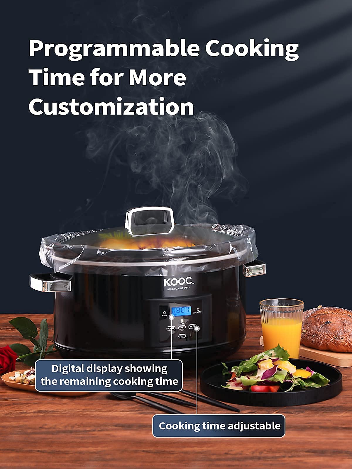 KOOC 8.5-Quart Programmable Slow Cooker with 5 Free Liners + 3-Pack Extra Liners - Digital Temperature Control, Upgraded Pot, Nutrient Preservation - Perfect for Family Dinners, Meal Prep & Holiday Cooking