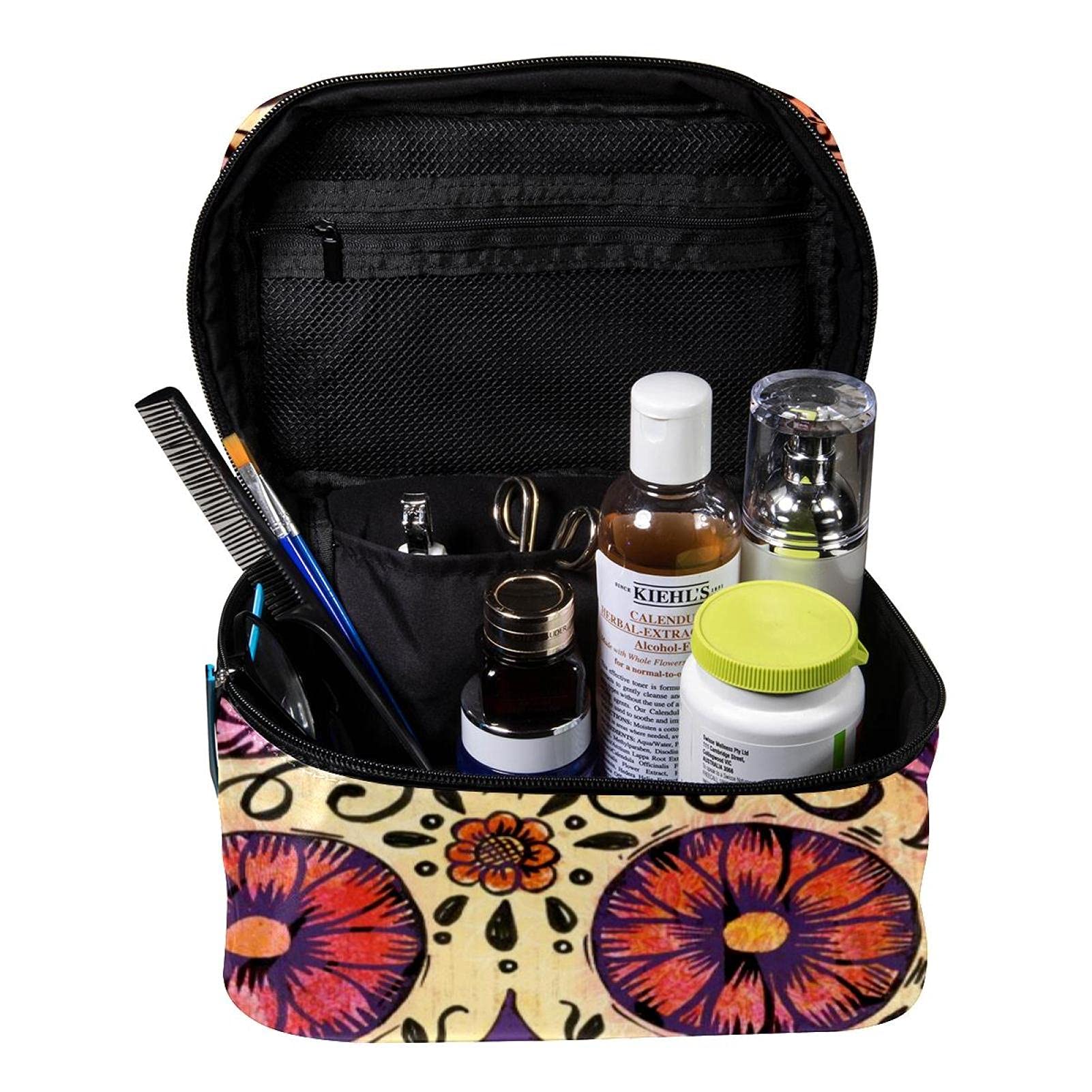 Stylish Sugar Skull & Daisy Print Large Travel Makeup Bag - Waterproof Cosmetic Organizer with Zipper for Women & Girls | Perfect for Vacation, Gym, Beach Trips & Daily Essentials Storage