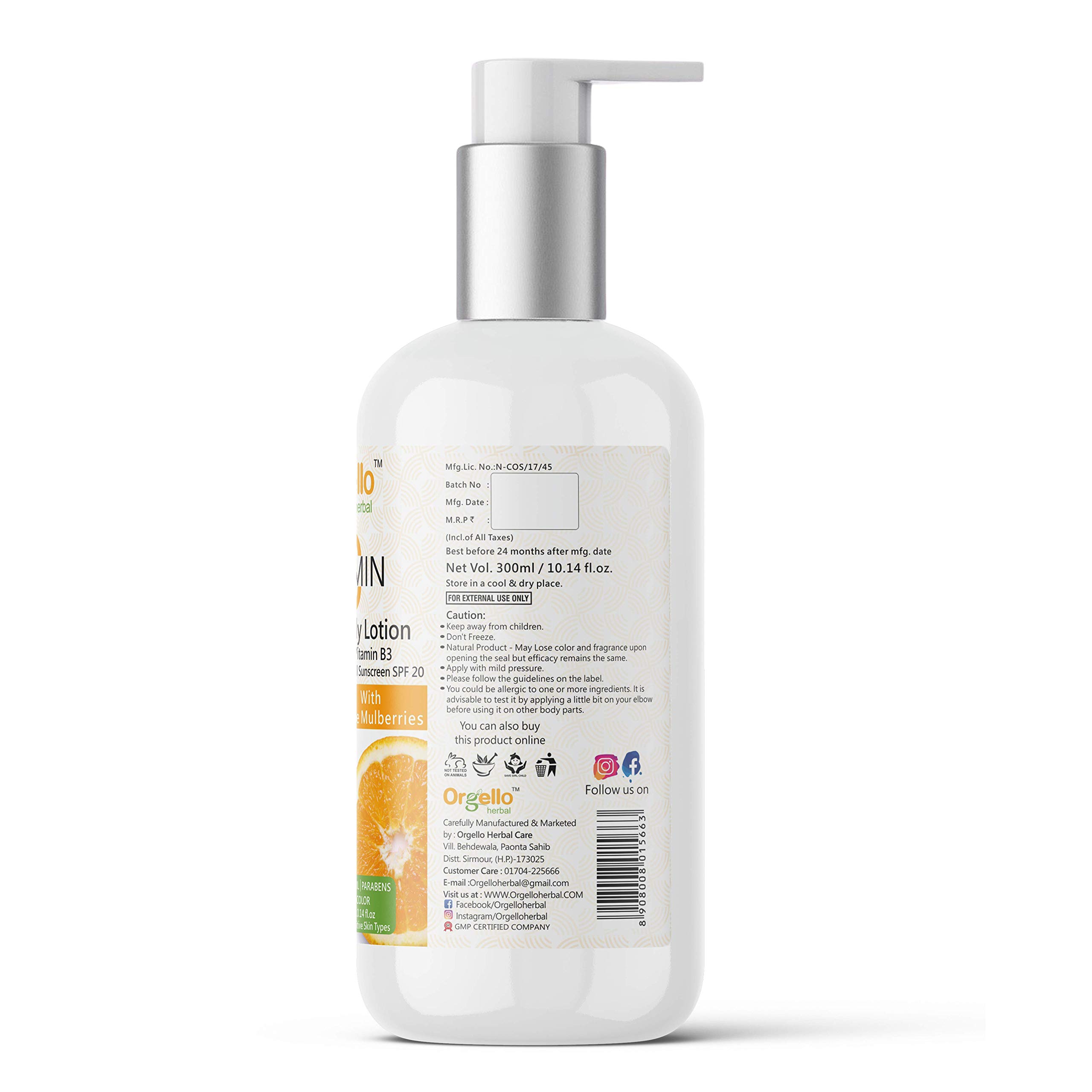 Orgello Herbal Vitamin C Body Lotion with SPF | Mineral Sunscreen Moisturizer (300ml) | Niacinamide, Licorice & Flax Seed Oil | Paraben-Free Skincare | Perfect for Daily Sun Protection & Hydration