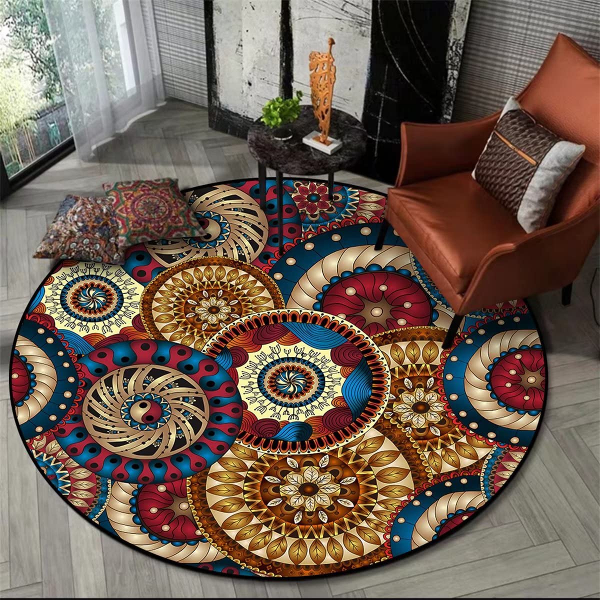 Boho Vintage Floral Large Round Area Rug 6ft - Anti-Skid Washable Circle Rug with Mandala Design for Living Room & Dining Room Floor Decor | Perfect for Bohemian Home Decor, Yoga Space and Cozy Bedroom