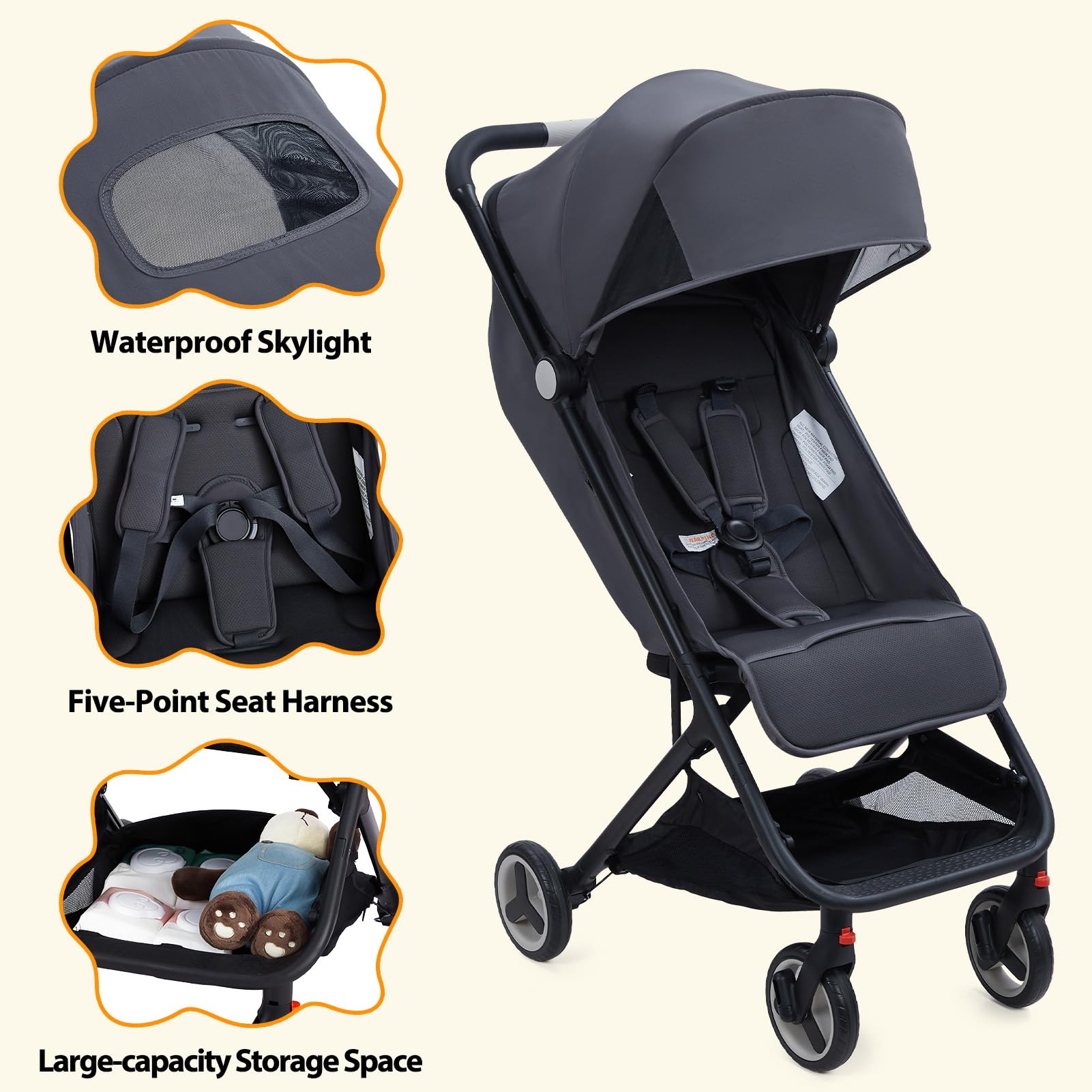 GAOMON Lightweight Compact Stroller - One Hand Fold, Airplane Friendly, Reclining Seat with Canopy & Smooth Suspension | Travel System Ready Black Baby Stroller for Travel, Shopping & Daily Use