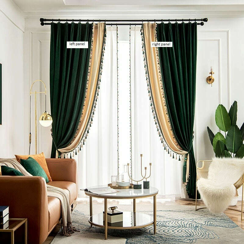 Premium Luxury Velvet Curtains with Spliced Design - Emerald Green Pearl Finish for Living Room & Bedroom Window Decor