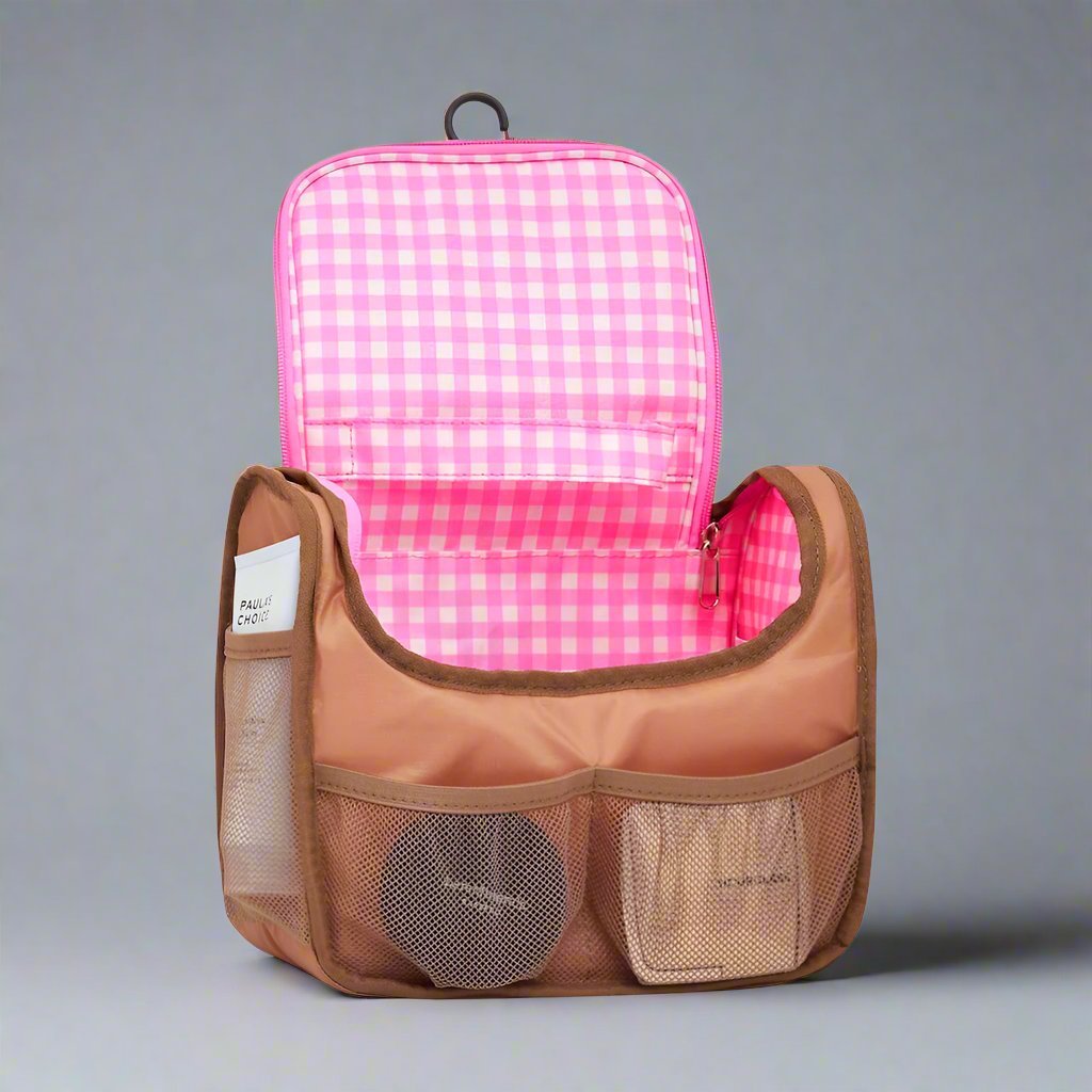 Bon Voyage Travel Toiletry Bag - Waterproof Hanging Cosmetic Organizer with Chocolate Gingham Pattern | Perfect for Vacation, Business Trips & Camping Essentials