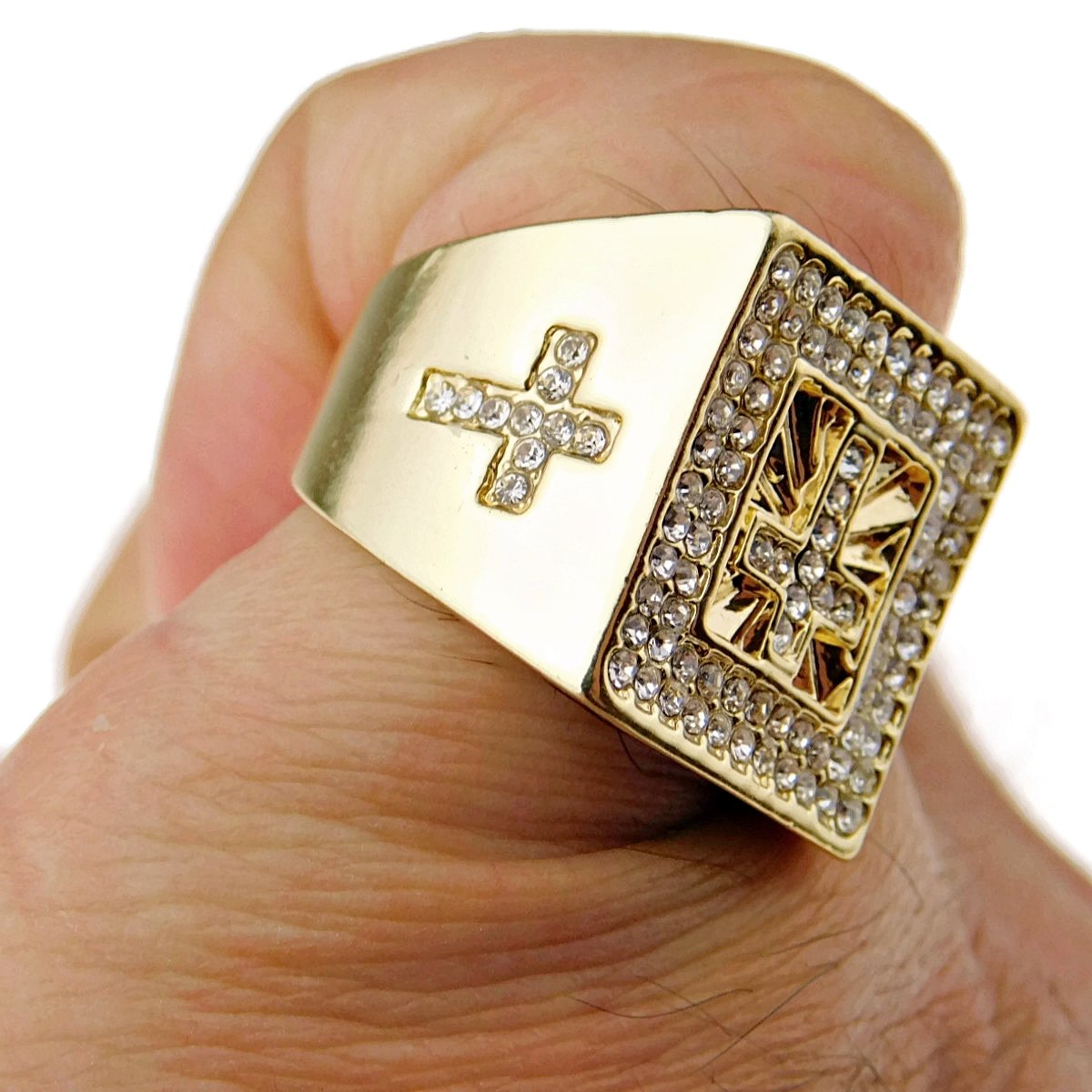 Men's Iced Out Cross Ring - Hip Hop Bling Chunky Band Yellow Gold Finish Sizes 7-12 - Perfect for Rappers, Streetwear Fashion & Gift Giving