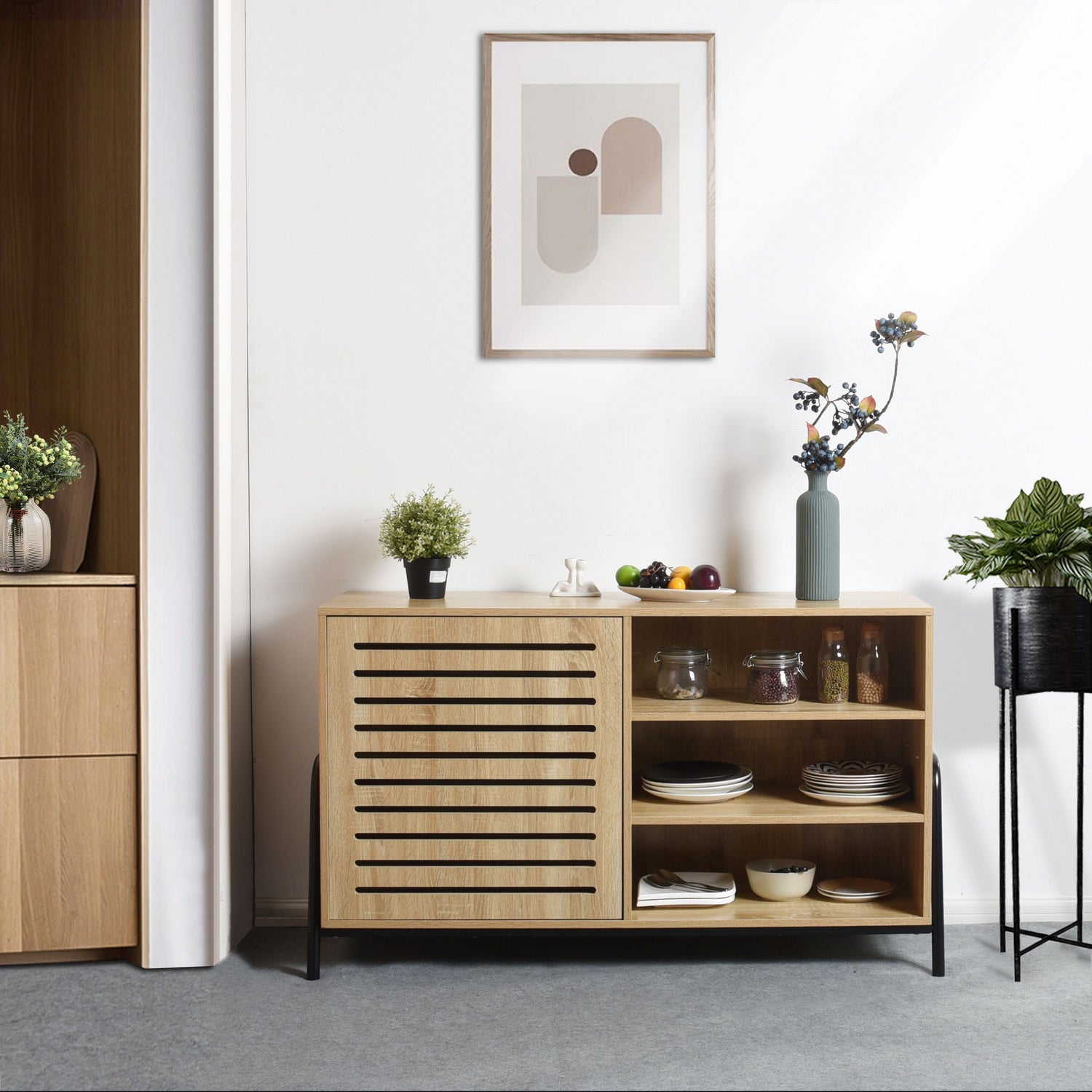 Beige Metal and Wood Sideboard with Oak Veneer - 5 Shelves Storage Cabinet for Living Room, Dining Room, or Entryway - Model Auro