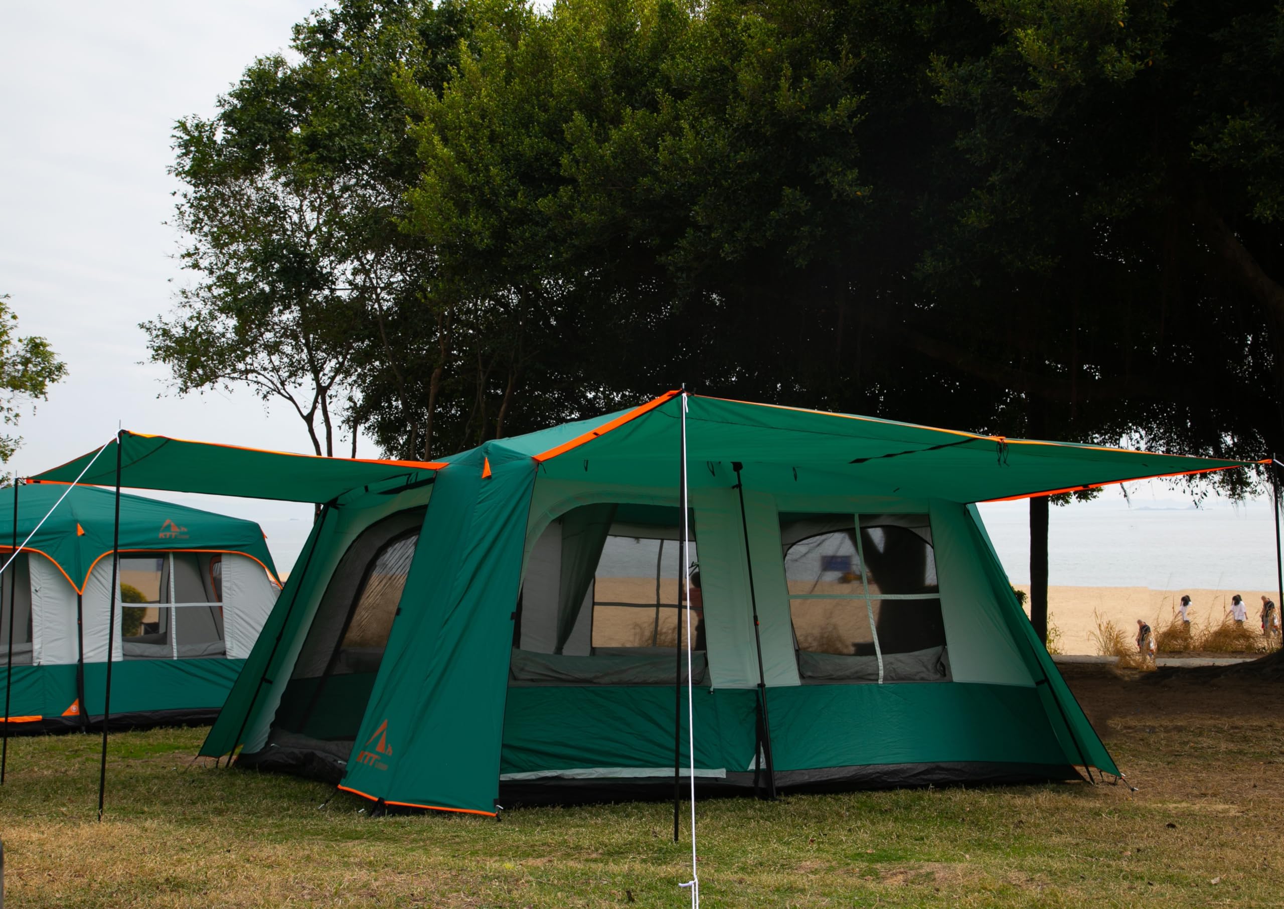 KTT Extra Large Family Cabin Tent for 10-14 People - 2 Room, 3 Door & 3 Window Design with Mesh, Straight Wall & Waterproof Double Layer - Perfect for Camping, Picnics, Outdoor Adventures & Family Gatherings