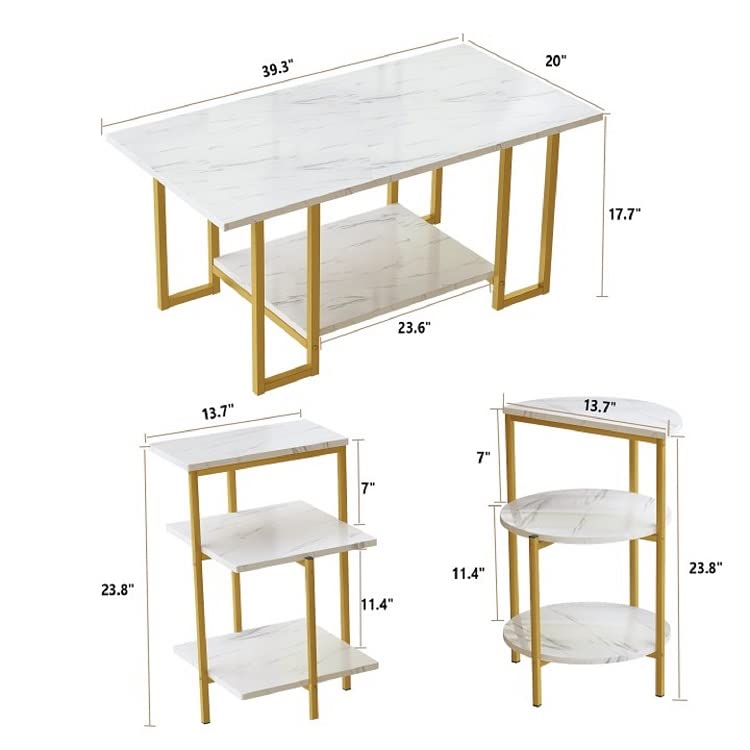 Premium Faux Marble Coffee Table Set with 2 End Tables - Modern 3-Piece Living Room Furniture with Storage Shelves & Sturdy Metal Frame, White & Gold Finish | Space-Saving Design for Apartments & Small Spaces | Perfect for Entertaining, Relaxing & Home Decor