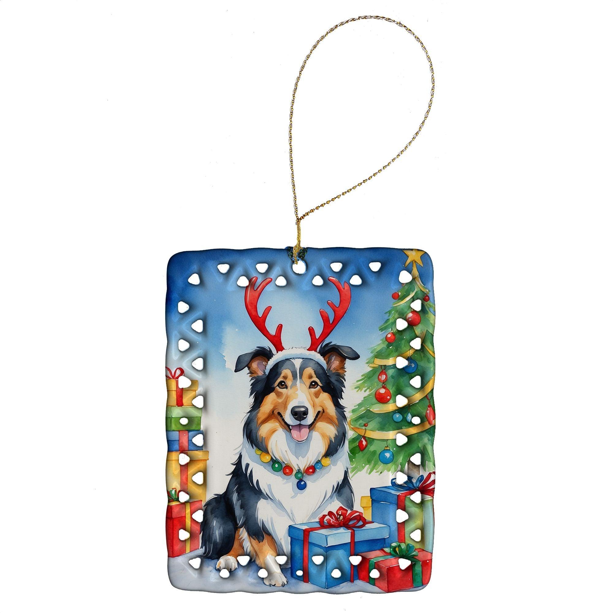Collie Christmas Reindeer Porcelain Ornament - Handmade Holiday Tree Decor for Xmas, Rectangle Shape, Multicolor Gift for Home, Party & Office Decoration
