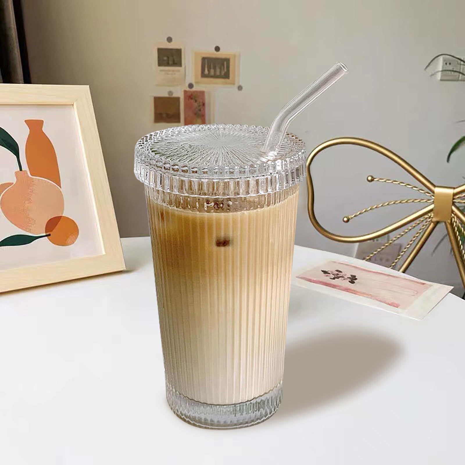 12.5oz Glass Coffee Cup with Lids & Straws - Leak-Proof, BPA-Free Drinking Glasses for Iced Coffee, Smoothies & Cold Beverages - Perfect for Home, Office & Cafe Use (Round Shape, Non-Screw Secure Lid)