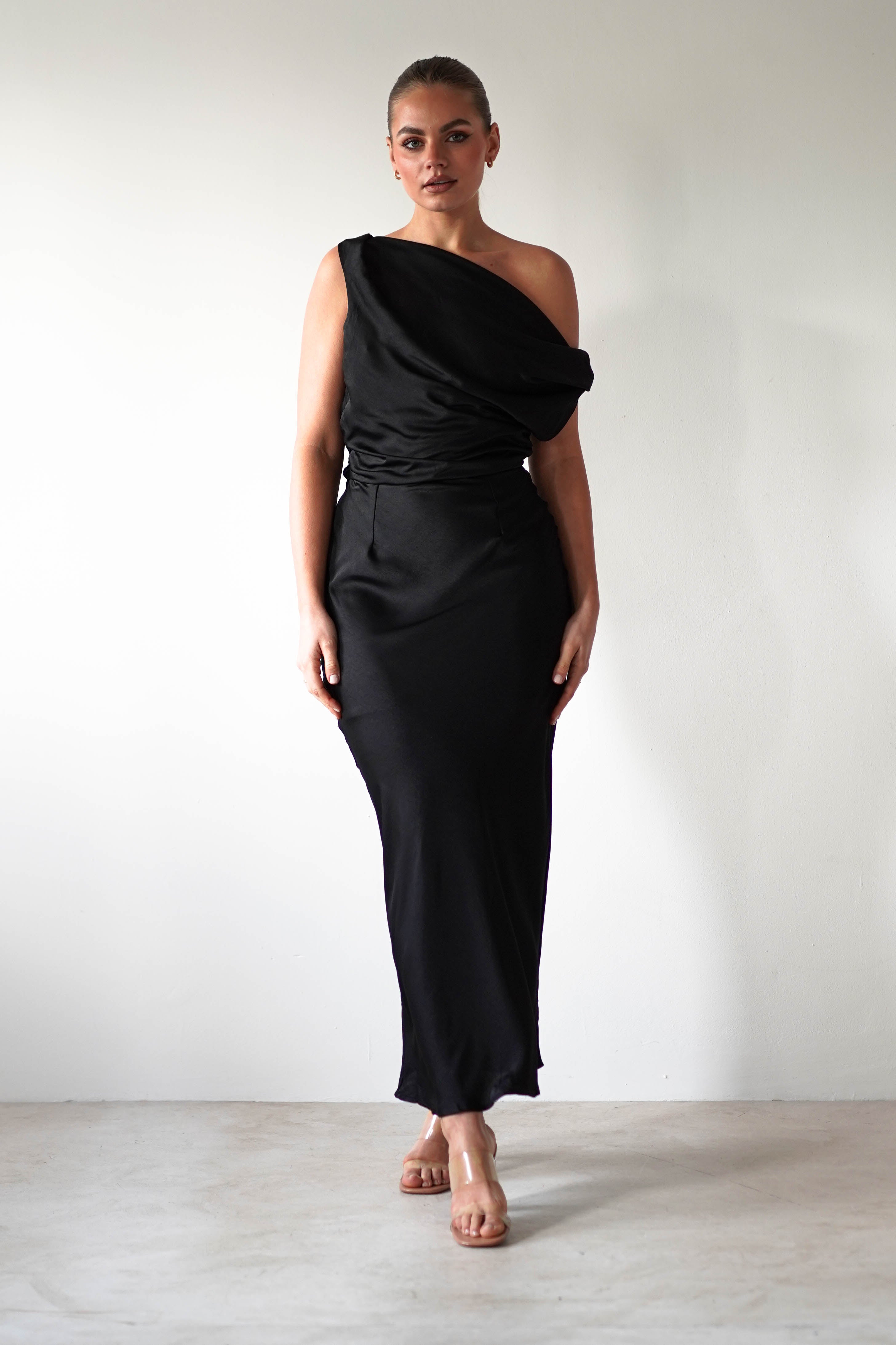 Odelle Soft Off The Shoulder Maxi Dress in Black | Elegant Summer Beach Wedding Party Dress