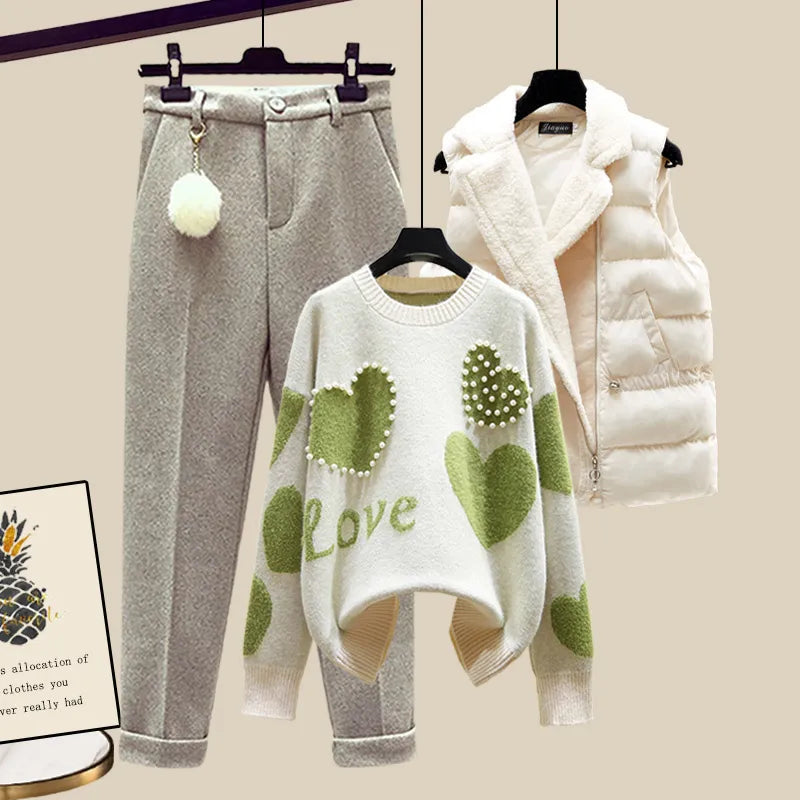 Women's 3-Piece Winter Sweater Set - Korean Fashion Heart Beaded Knitwear + Lambswool Vest + Pants Suit | Warm Autumn Winter Outfit for Office, Dating & Casual Wear