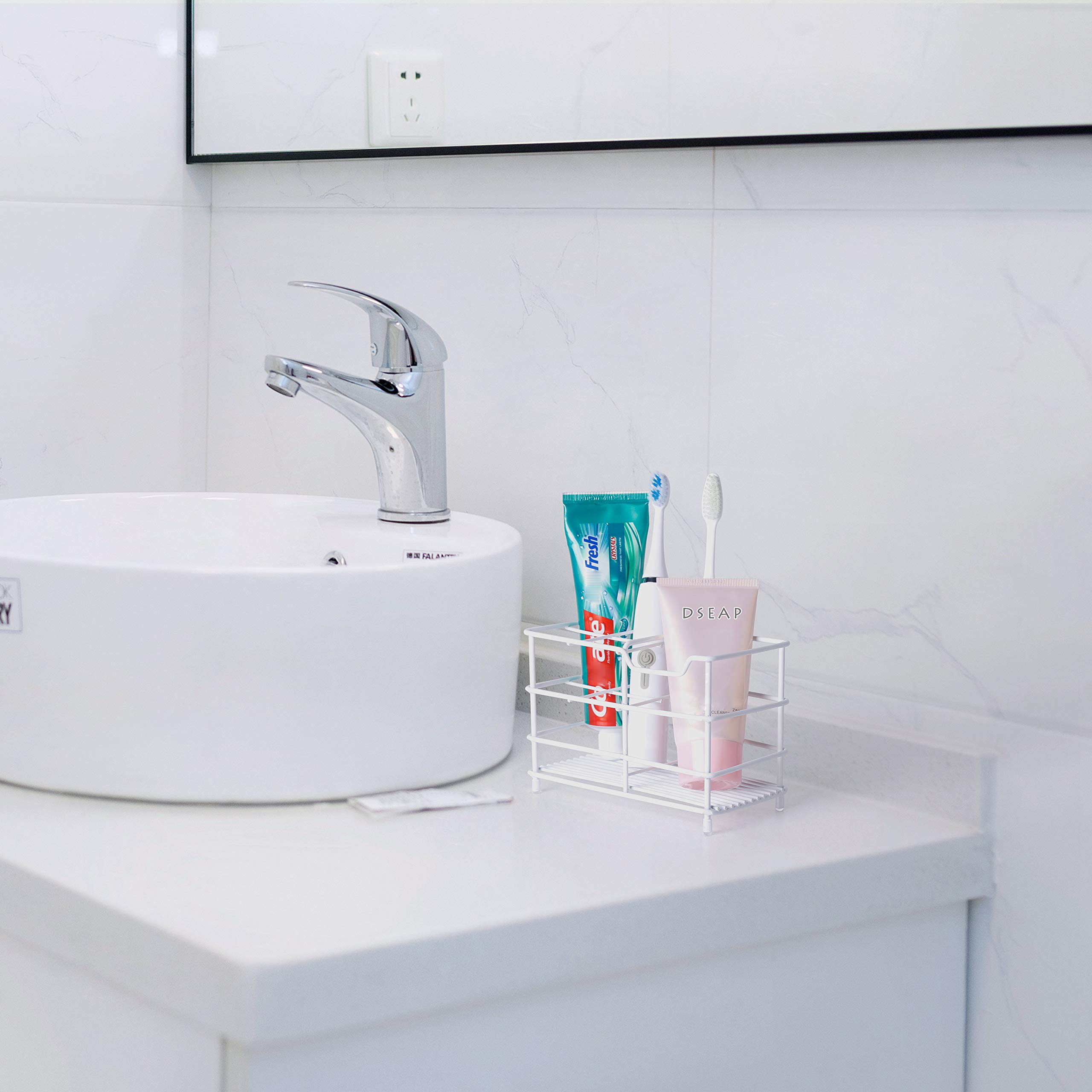 Stainless Steel Toothbrush Holder & Organizer Stand for Electric & Manual Toothbrushes - Bathroom Toothpaste Caddy, White (2-Pack) - Perfect for Countertop & Vanity Organization