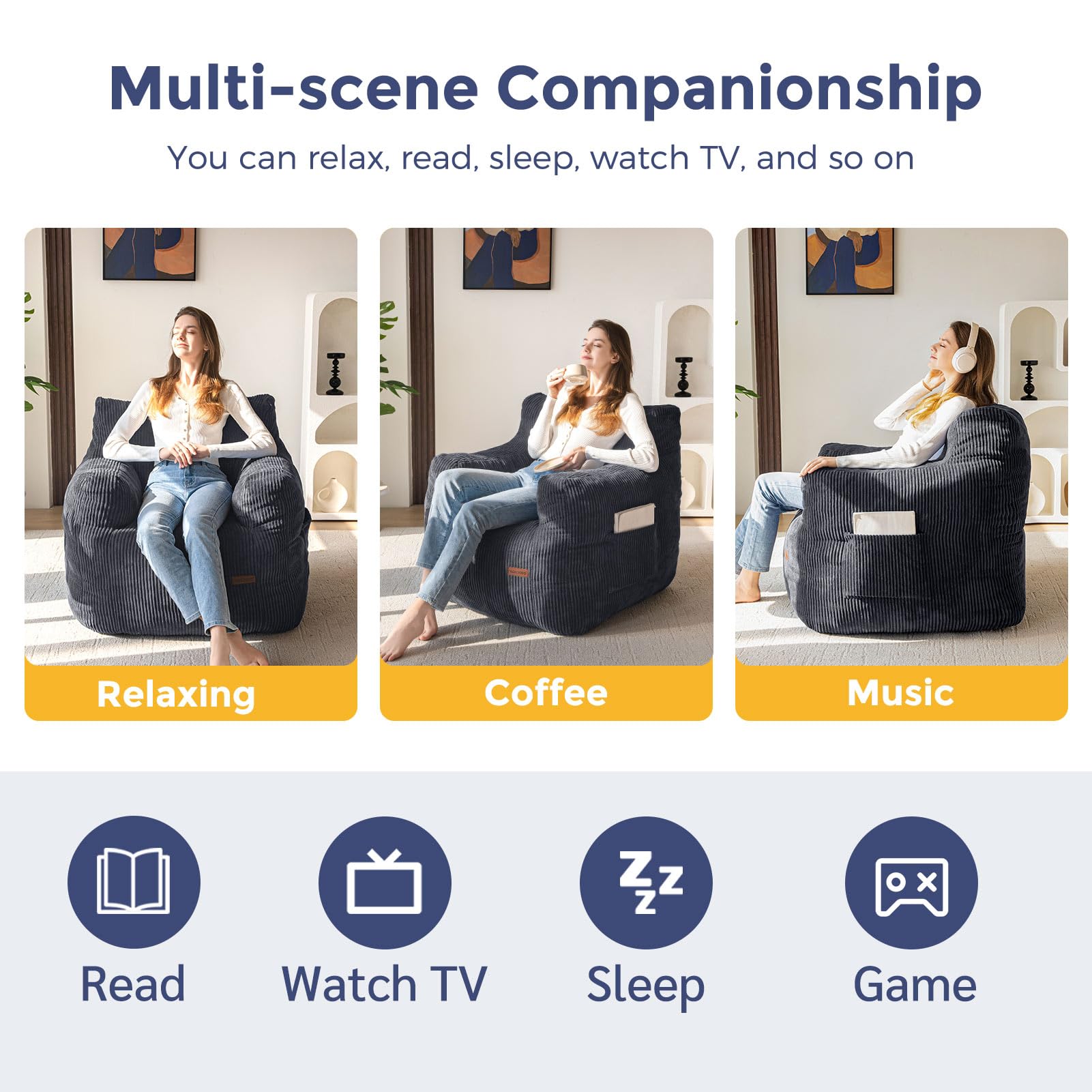 MAXYOYO Tufted Corduroy Bean Bag Chair with Filler - Oversized Lazy Sofa for Adults & Teens, Dark Grey - Perfect for Living Room, Bedroom & Game Room Relaxation