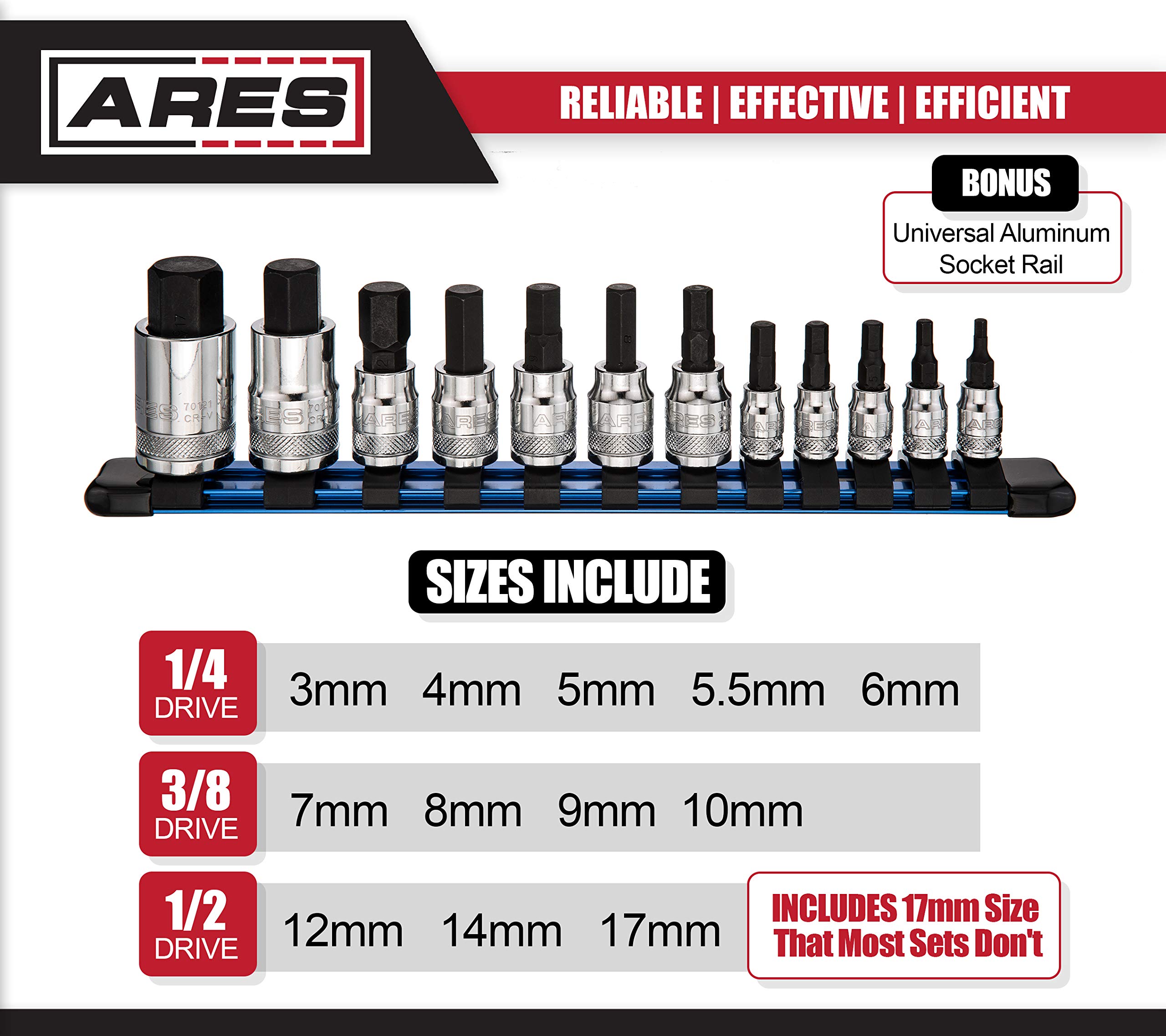 ARES 70108 12-Piece Metric Hex Bit Socket Set - Chrome Vanadium Steel Sockets with S2 Alloy Steel Bits - Includes Aluminum Storage Case - Perfect for Automotive Repair, Machinery Maintenance & DIY Projects