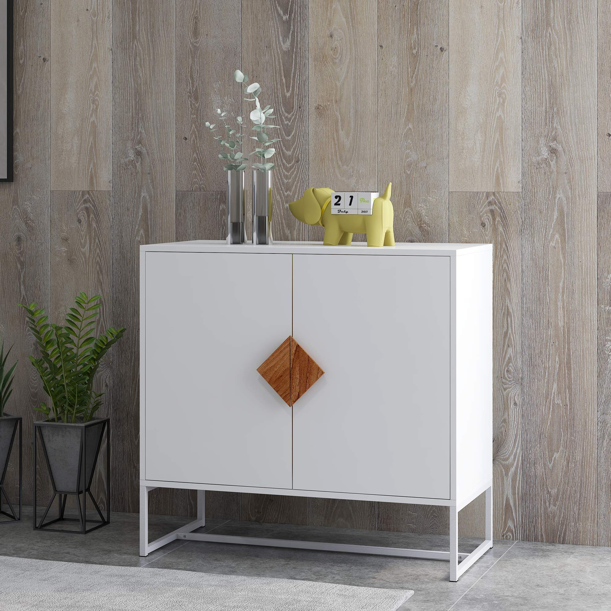 White Sideboard Buffet Cabinet with 2 Doors & Solid Wood Handles - 2-Tier Storage Accent Furniture for Living Room, Dining Room, Bedroom & Kitchen | Perfect as TV Stand, Entryway Console or Kitchen Storage