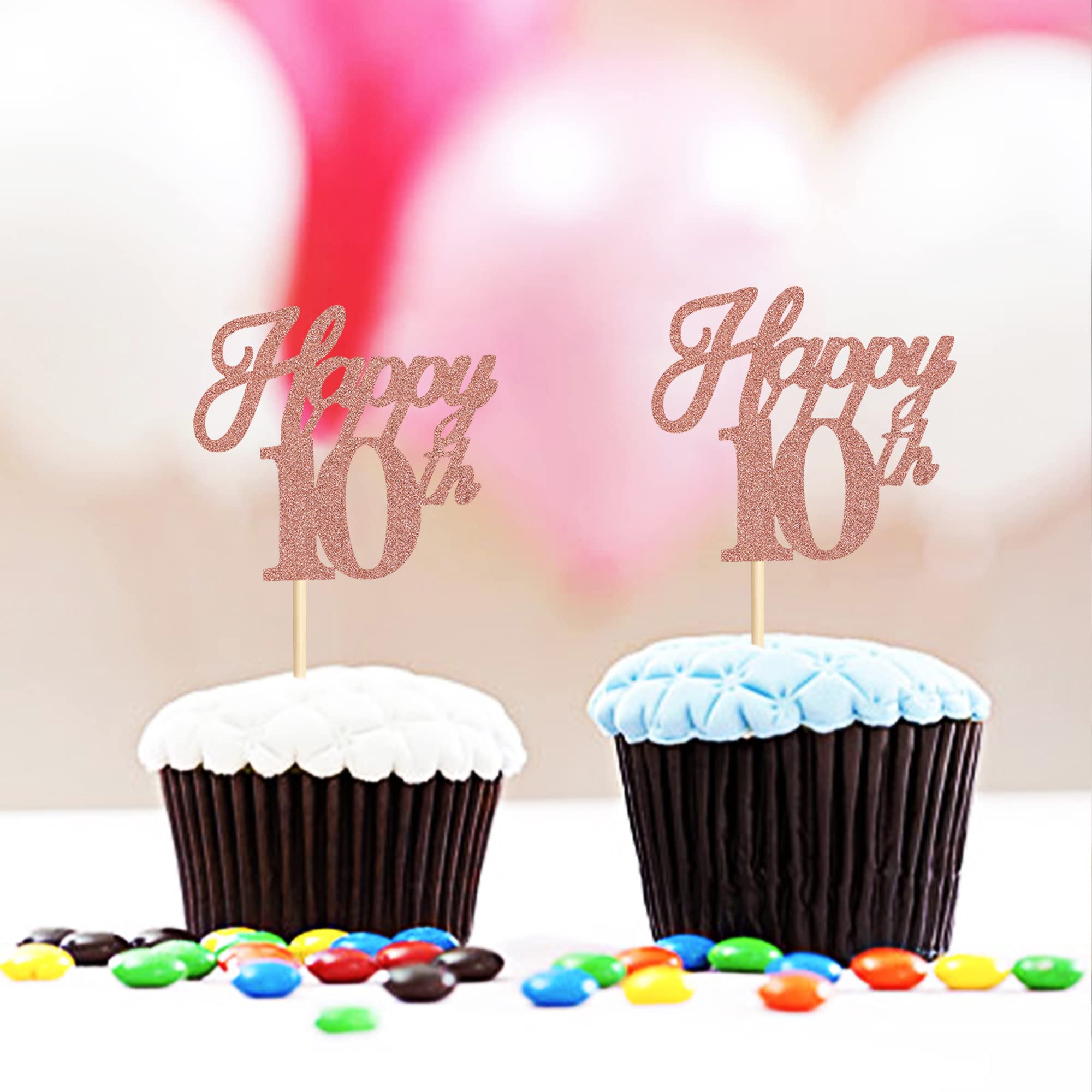 Ercadio 24 Pack Rose Gold Glitter 10th Birthday Cupcake Toppers - Hello 10 Cupcake Decorations for Anniversary, Wedding & Party Cake Supplies | Perfect for Kids Birthday, Milestone Celebrations & Special Events