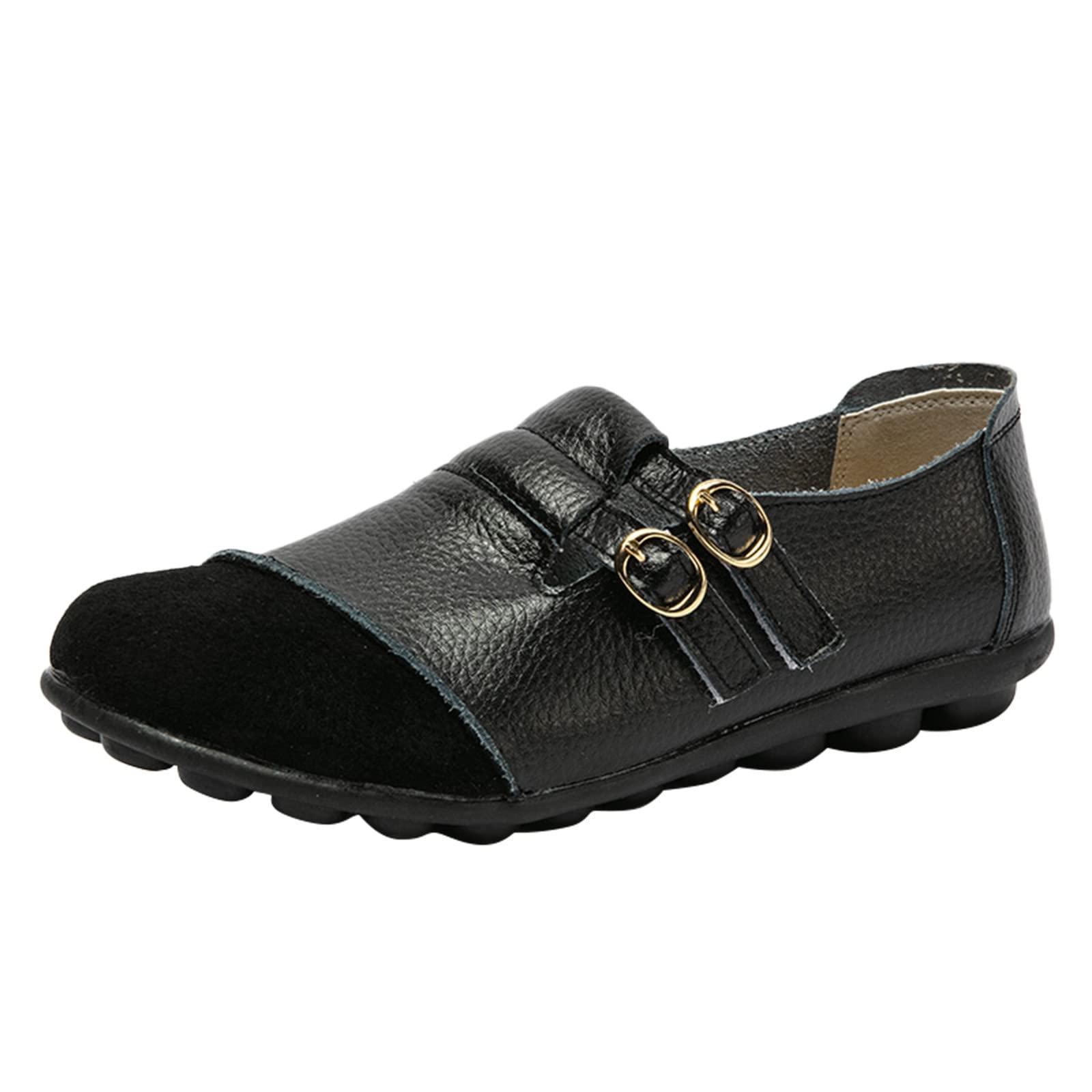 Women's Casual Hook & Loop Flat Shoes - Single Color Slip-On Comfortable Walking Shoes with Adjustable Buckle (Black, Size 7) | Perfect for Work, Travel & Everyday Wear