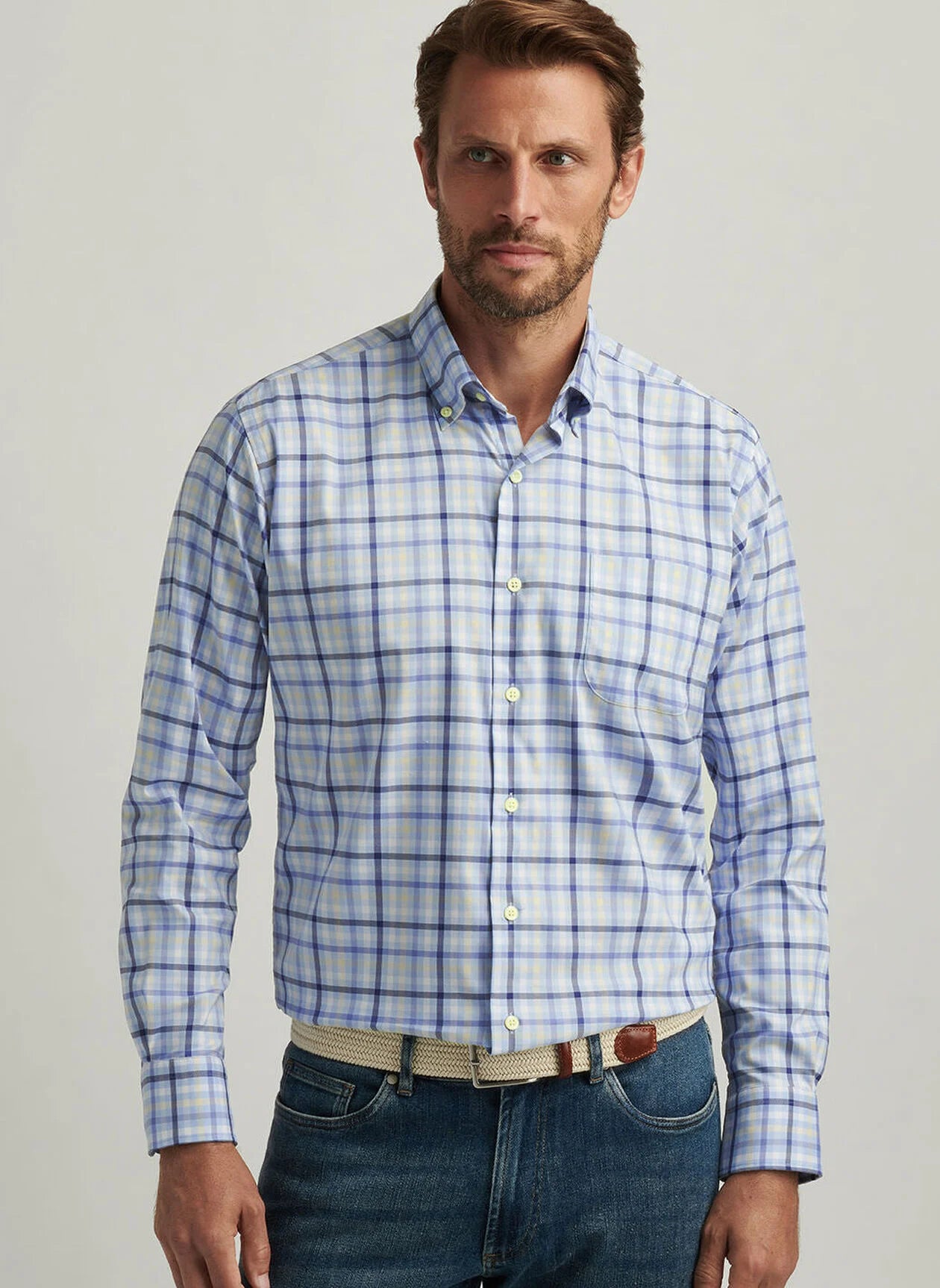 PETER MILLAR Men's Long Sleeve Plaid Blue Shirt - Classic Casual Button Down for Work, Office & Everyday Wear