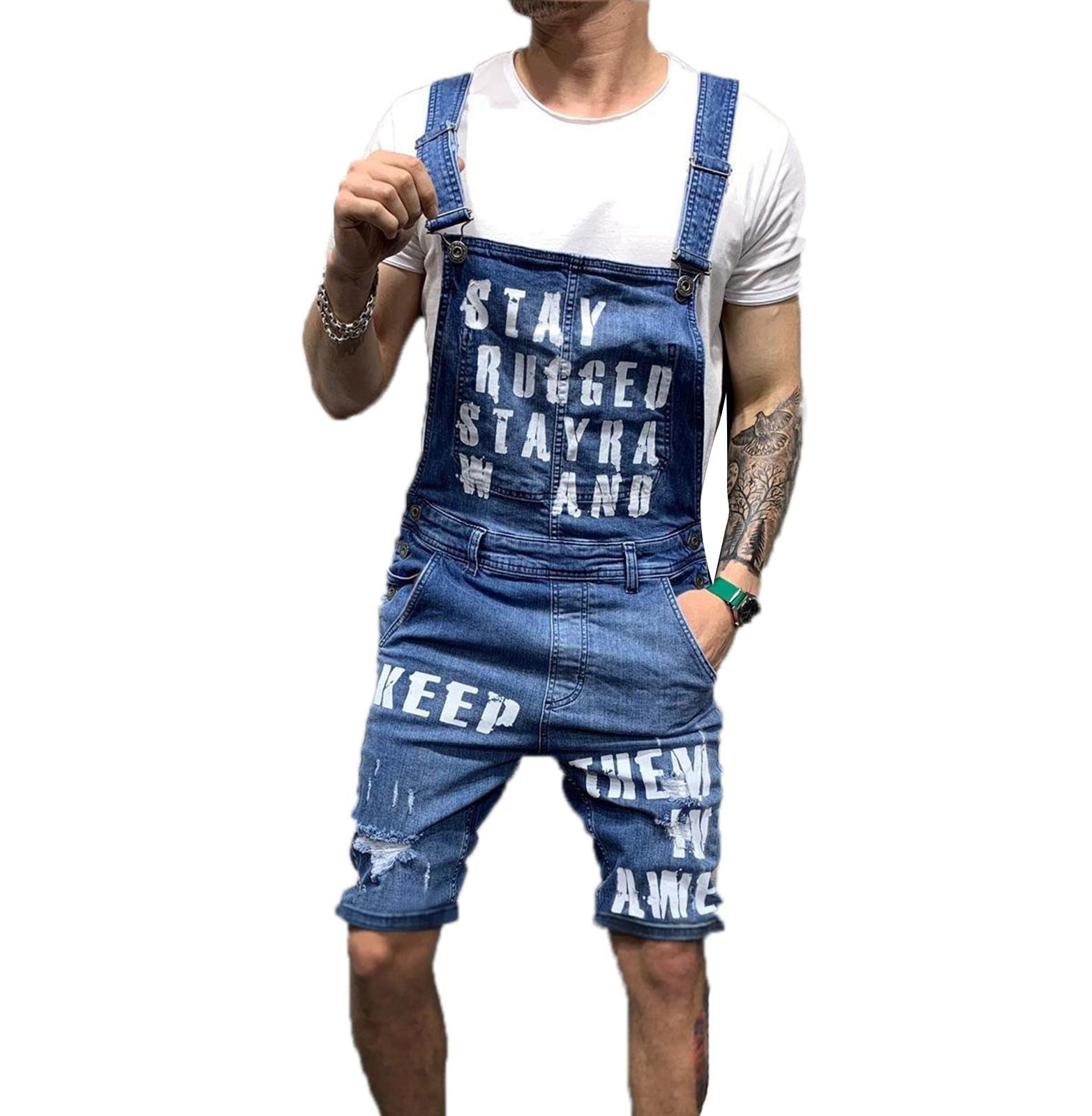 **Men's Distressed Denim Bib Overalls Shorts - Vintage Streetwear Casual Jean Romper Jumpsuit with Printed Design | Perfect for Summer Outings, Music Festivals & Urban Street Style**