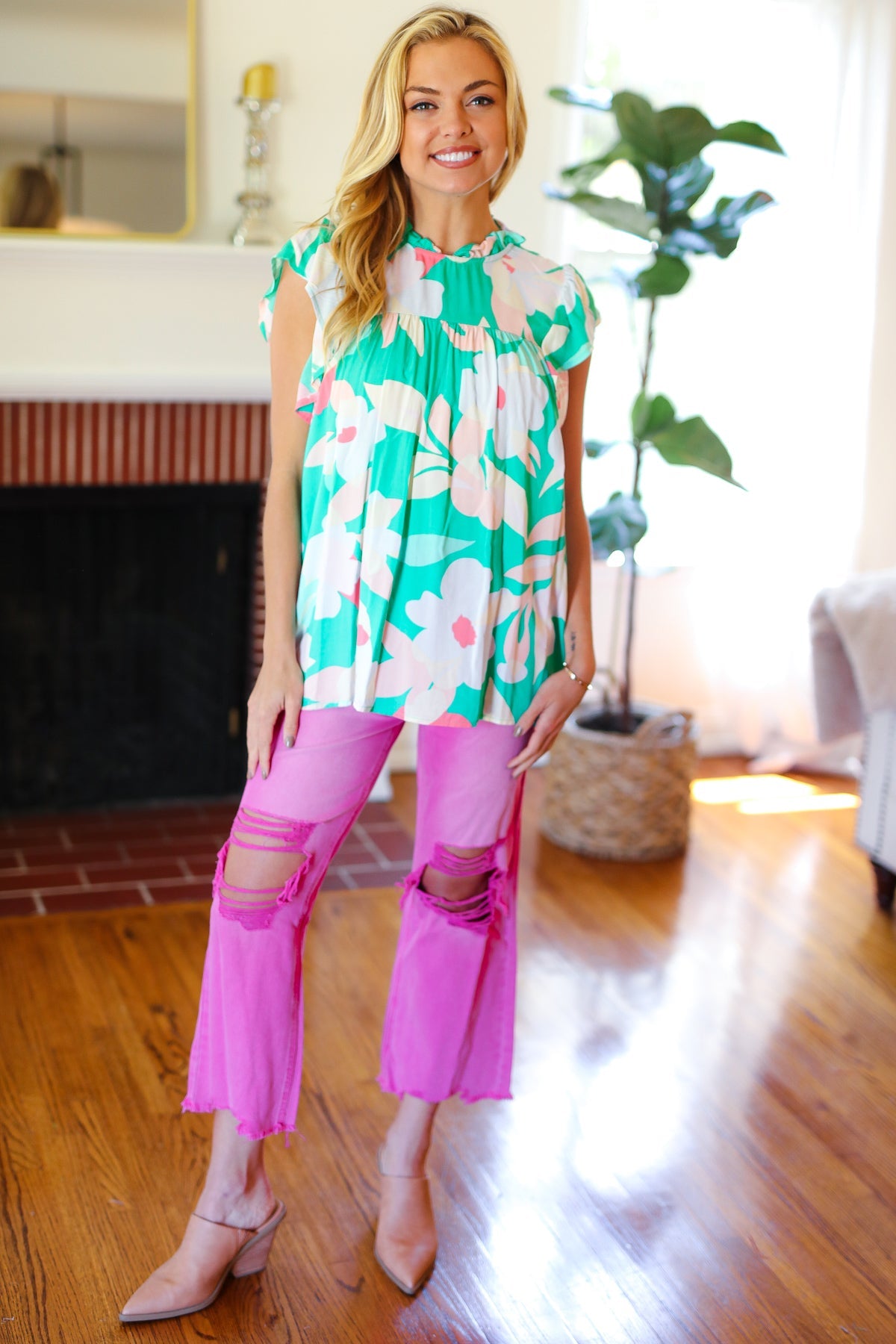 Joyful Aqua Floral Mock Neck Flutter Sleeve Top - Women's Elegant Blouse for Spring Summer Outfits, Date Night & Office Wear
