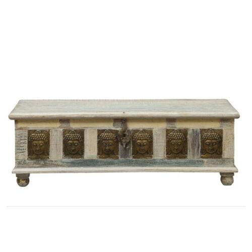 Handmade Embossed Mango Wood Coffee Table - Antique White Reclaimed Wood Trunk for Living Room, Farmhouse & Rustic Home Decor