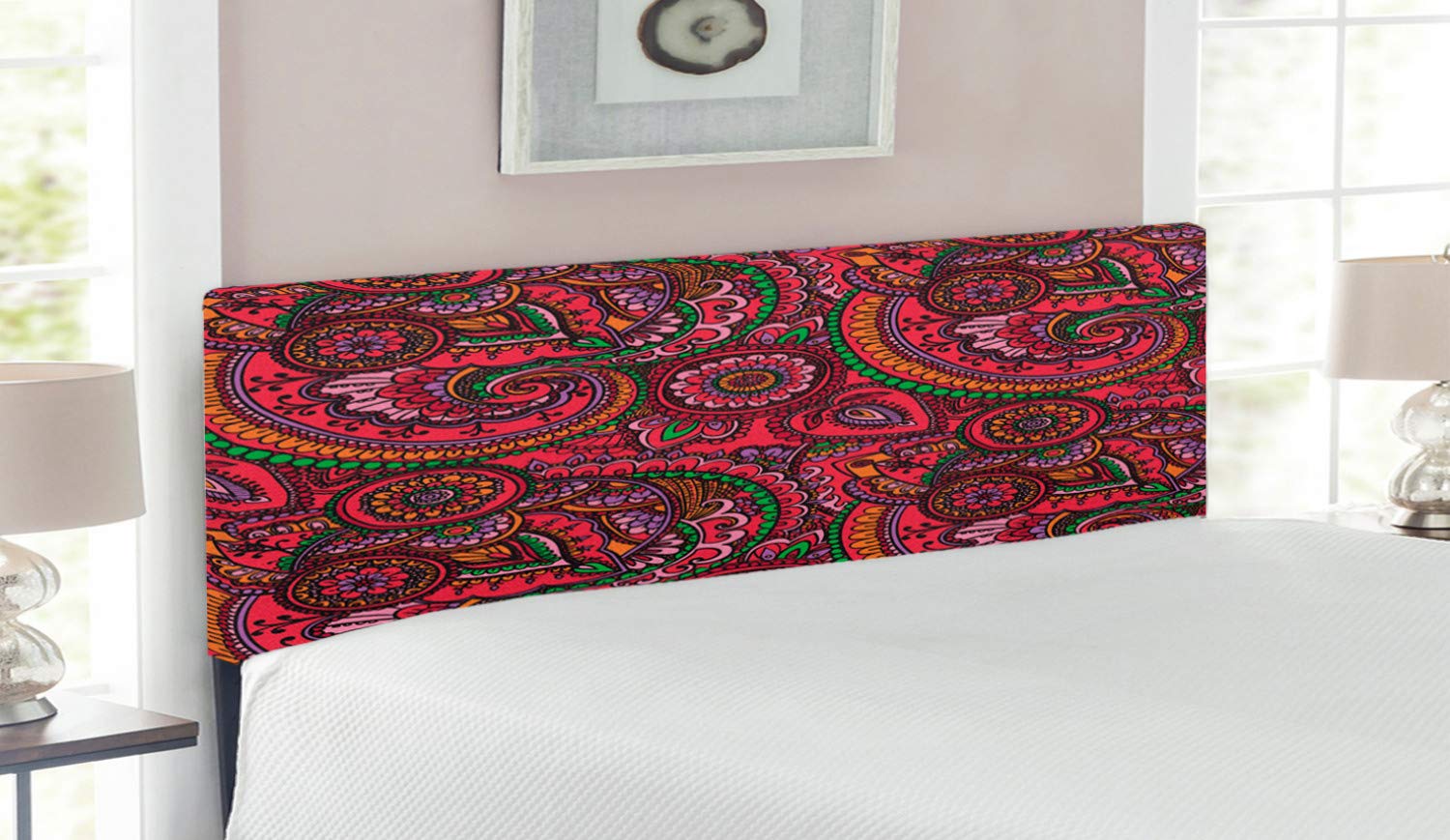 Ambesonne Asian Inspired Queen Size Headboard - Traditional Vintage Twirls & Spirals Design, Upholstered Metal Bed Frame with Memory Foam in Dark Coral Orange Green | Perfect for Master Bedroom, Guest Room & Bohemian Style Decor